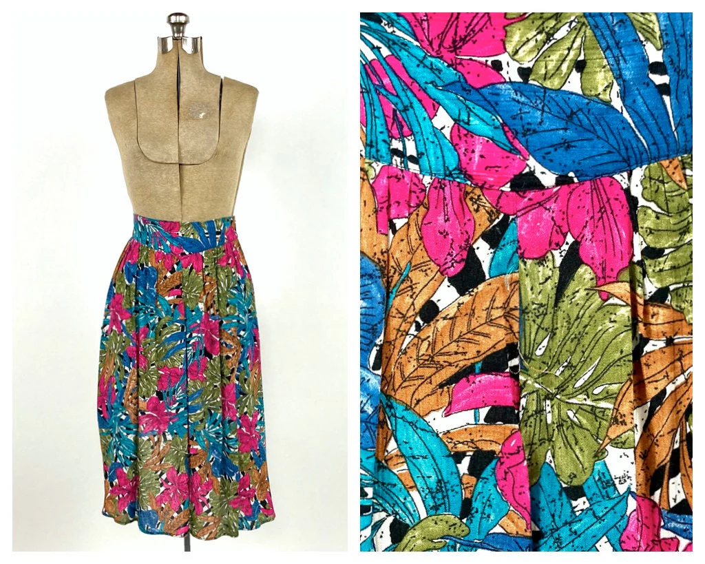 80s Bright Blue Floral Midi Skirt Pink Tropical Pleated Pocket Vintage Dress Skirt by A.k.f. New York - Image 3