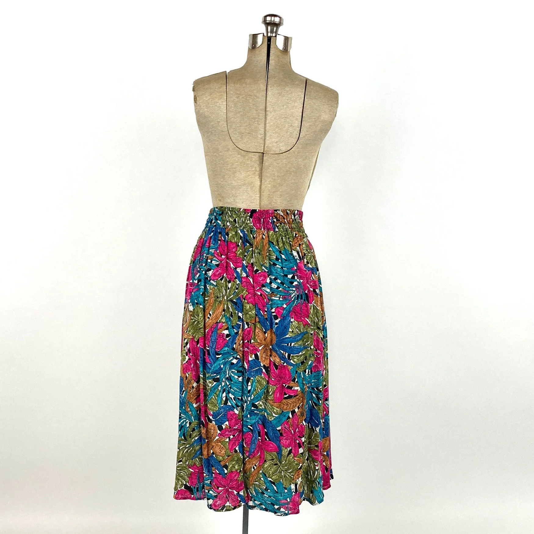 80s Bright Blue Floral Midi Skirt Pink Tropical Pleated Pocket Vintage Dress Skirt by A.k.f. New York - Image 5