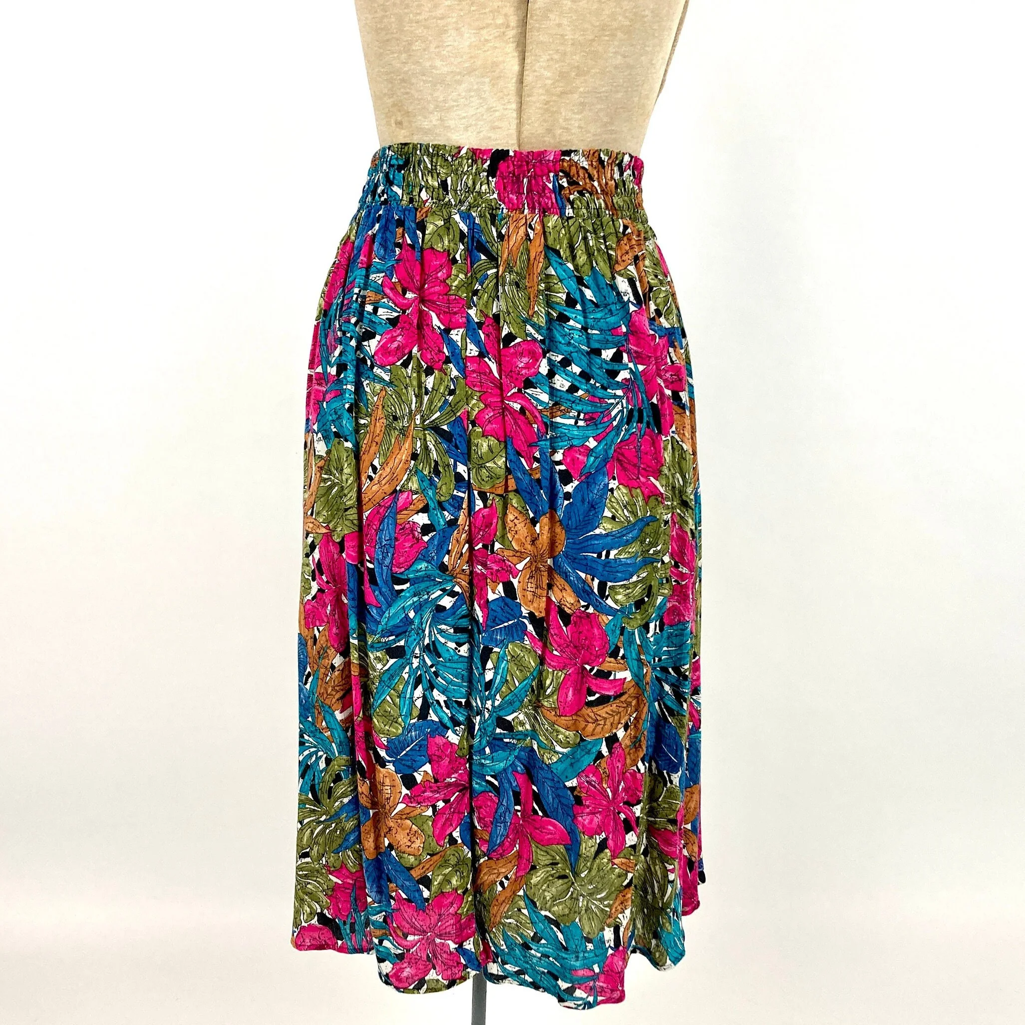 80s Bright Blue Floral Midi Skirt Pink Tropical Pleated Pocket Vintage Dress Skirt by A.k.f. New York - Image 6