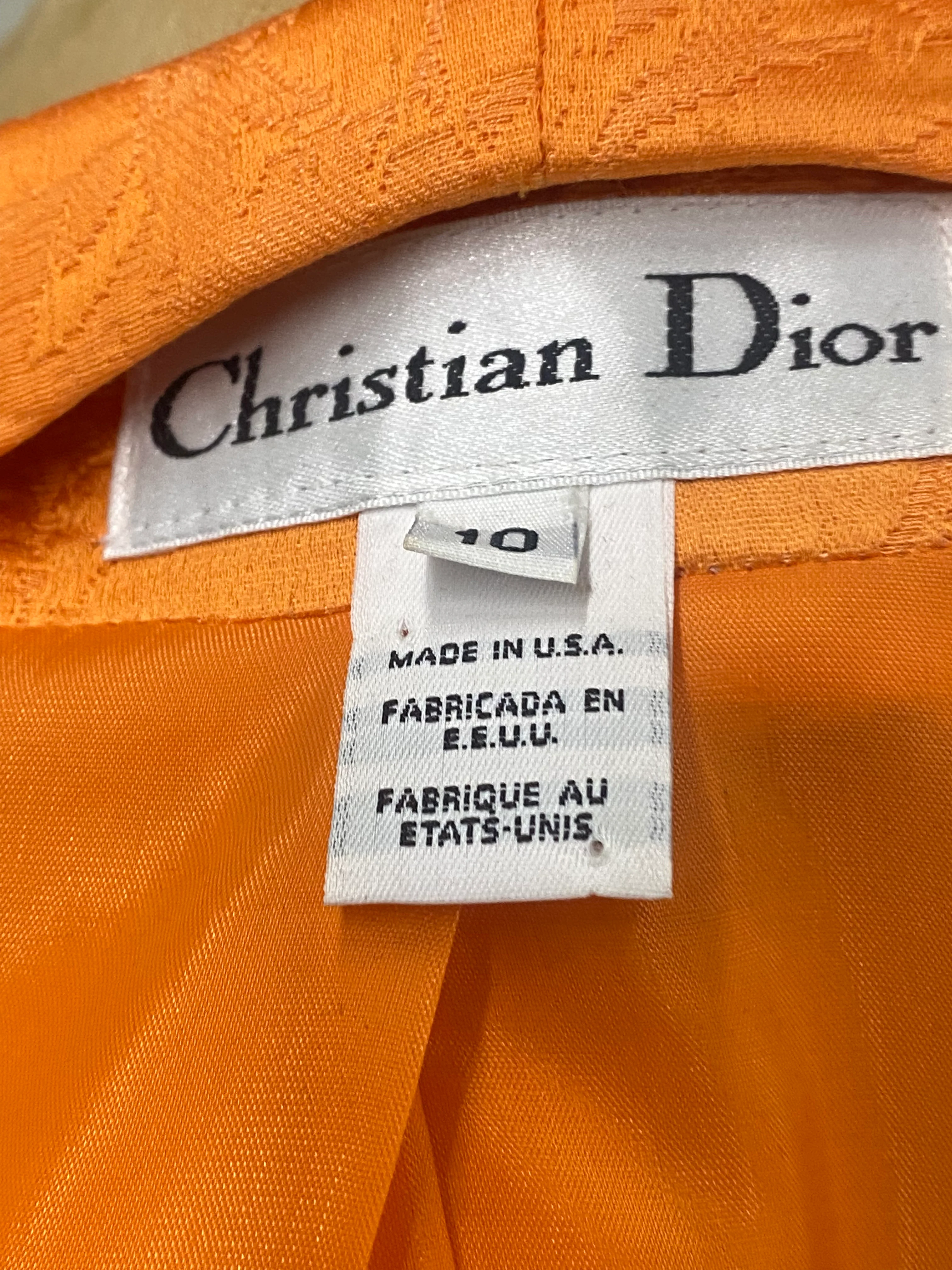 80s Bright Orange Floral Brocade Collarless Skirt Suit By Christian Dior - Image 11