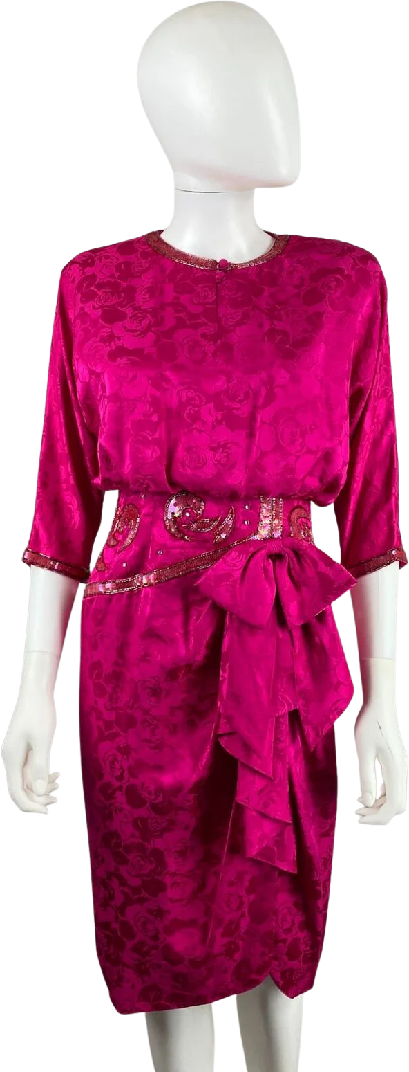 80s Bright Pink Floral Beaded Sheath Dress Bow Silk by I Magnin
