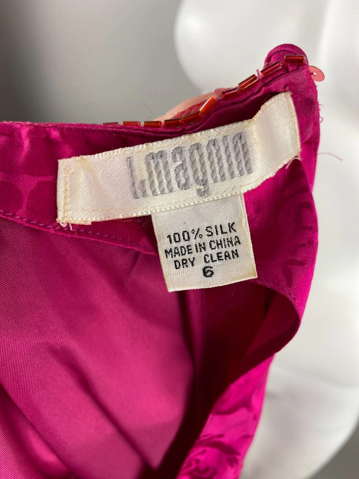 80s Bright Pink Floral Beaded Sheath Dress Bow Silk by I Magnin - Image 11