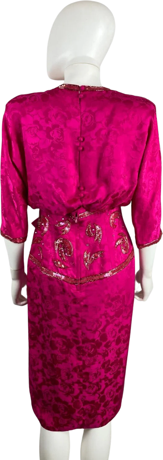 80s Bright Pink Floral Beaded Sheath Dress Bow Silk by I Magnin - Image 2