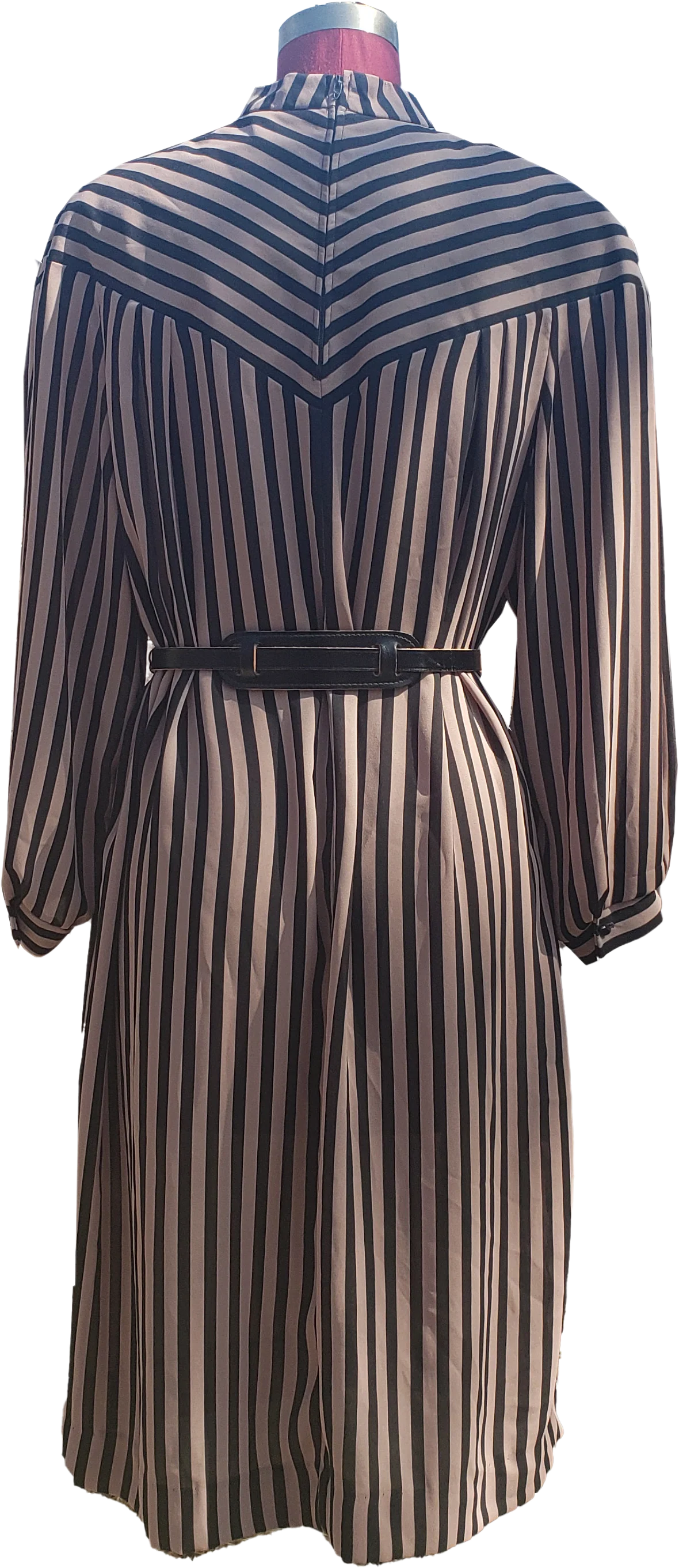 80s Brown Black Striped Belted Dress Yoke Back Zip By Lorac Original - Image 2