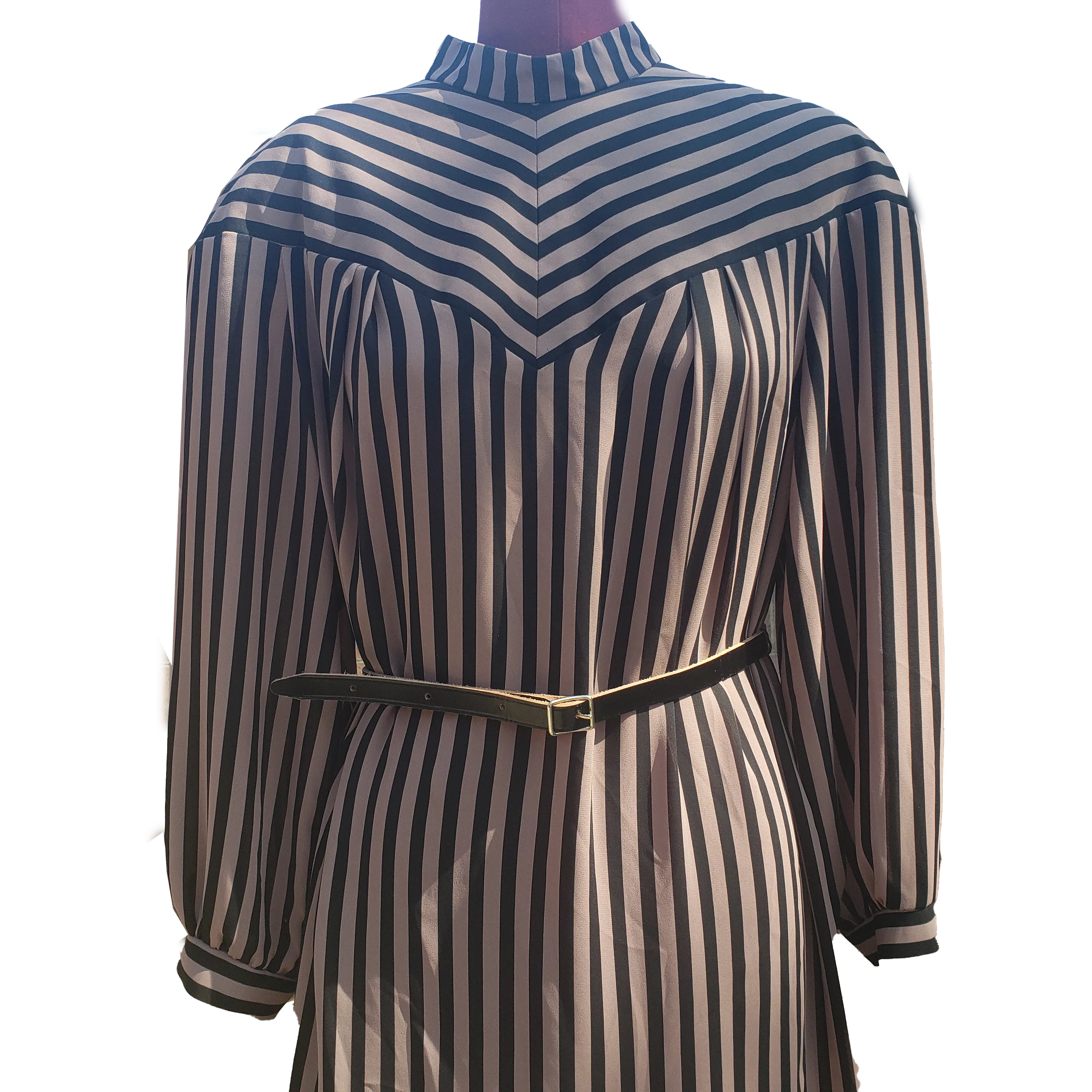 80s Brown Black Striped Belted Dress Yoke Back Zip By Lorac Original - Image 3