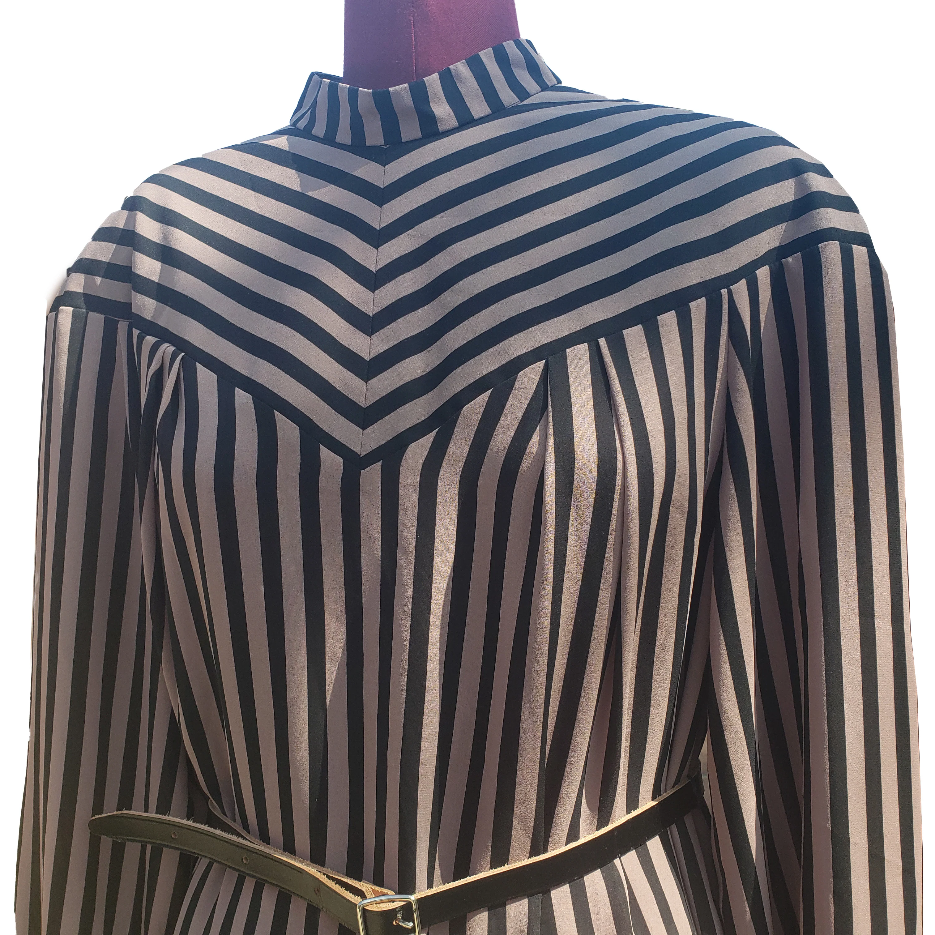 80s Brown Black Striped Belted Dress Yoke Back Zip By Lorac Original - Image 4