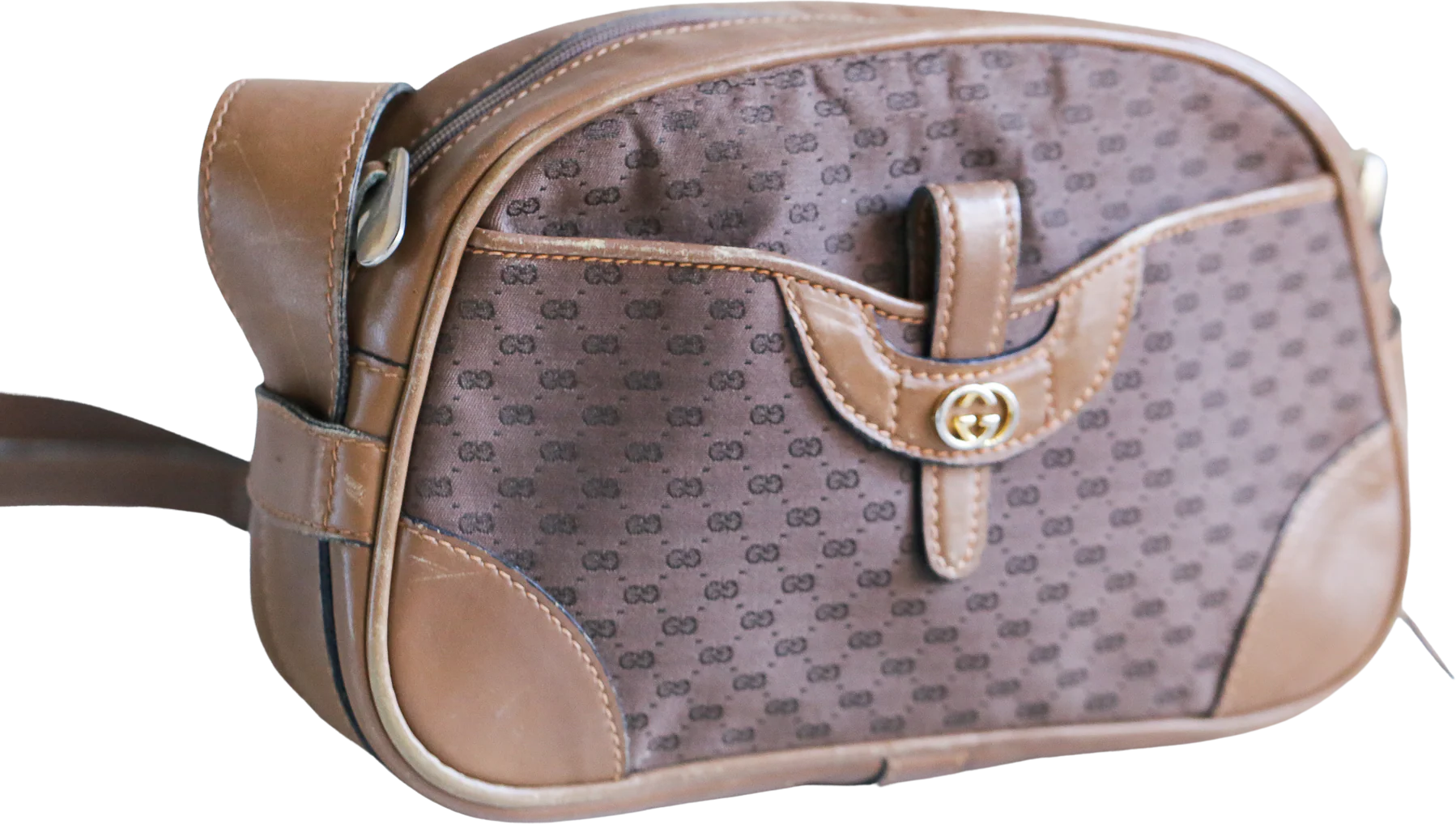 80s Brown Canvas Leather Trim Micro Print Camera Bag By Gucci