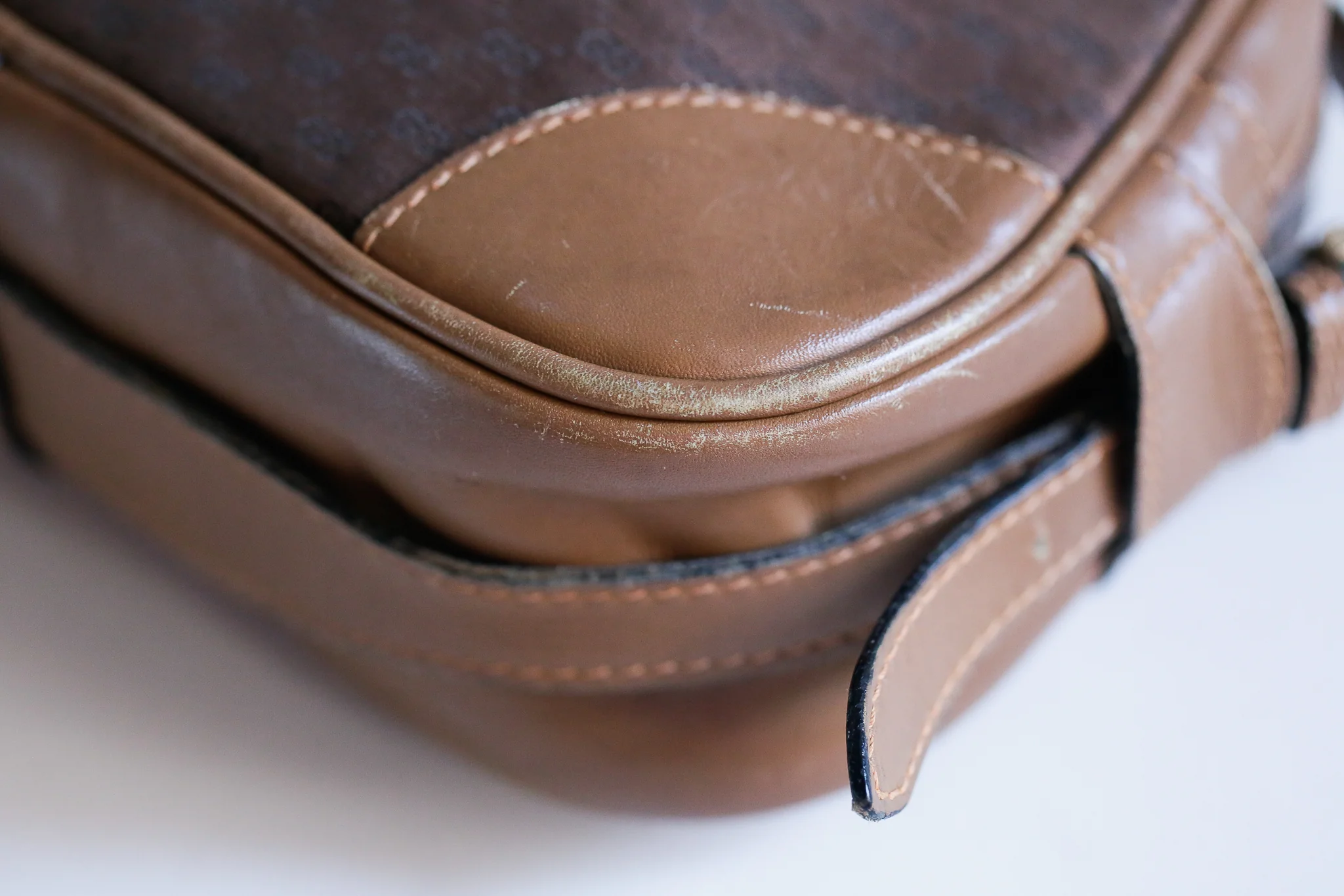80s Brown Canvas Leather Trim Micro Print Camera Bag By Gucci - Image 13