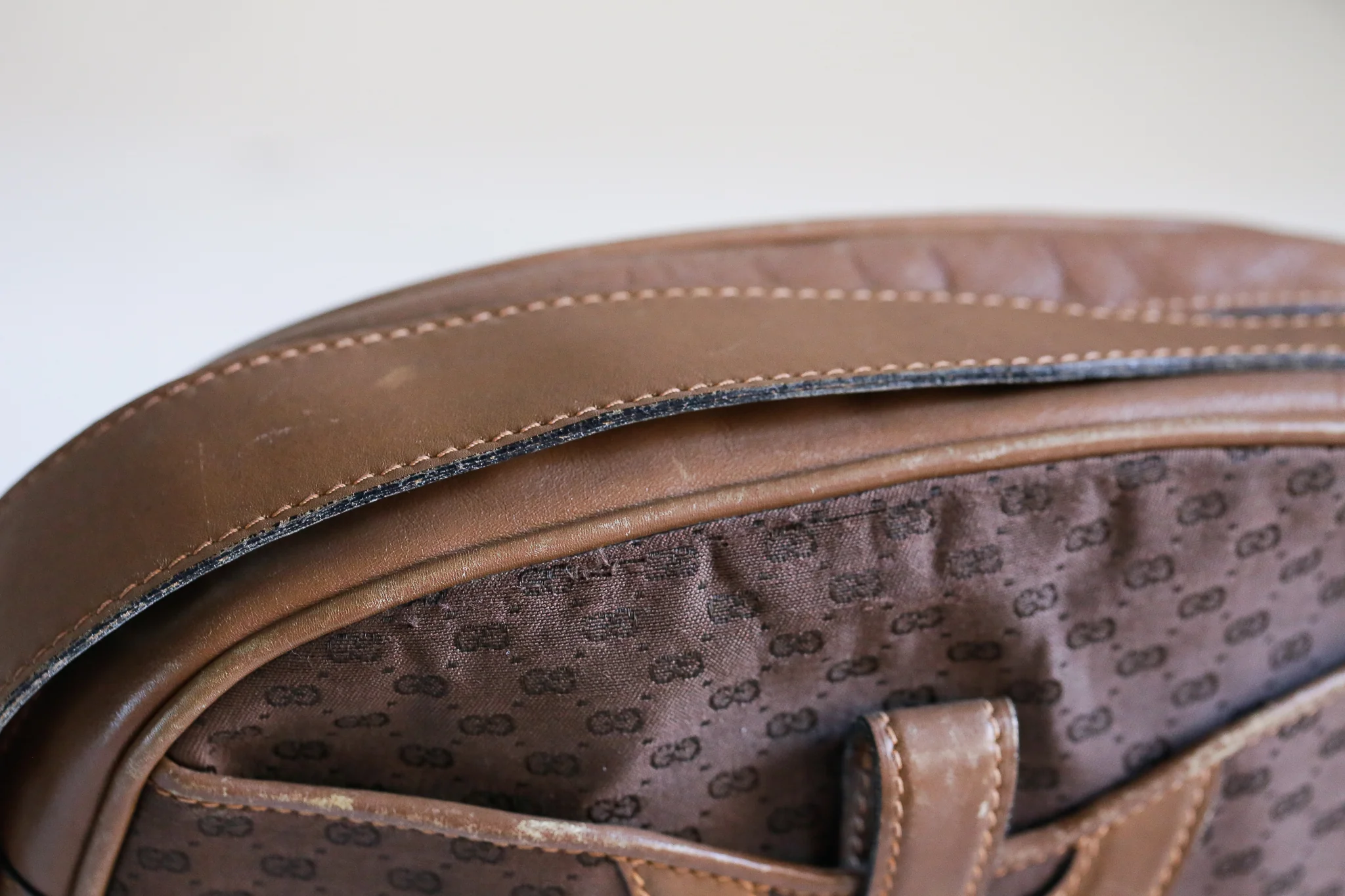 80s Brown Canvas Leather Trim Micro Print Camera Bag By Gucci - Image 5