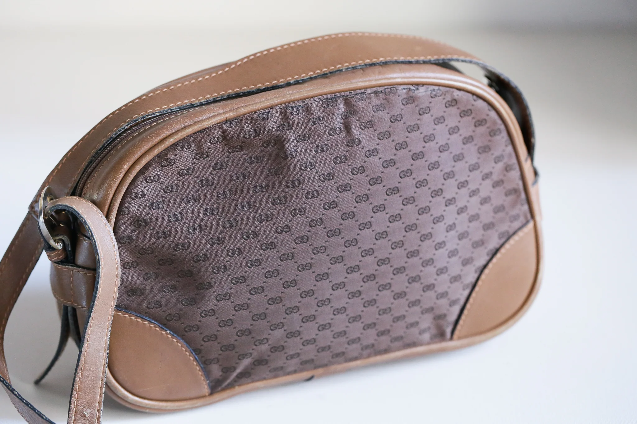 80s Brown Canvas Leather Trim Micro Print Camera Bag By Gucci - Image 7