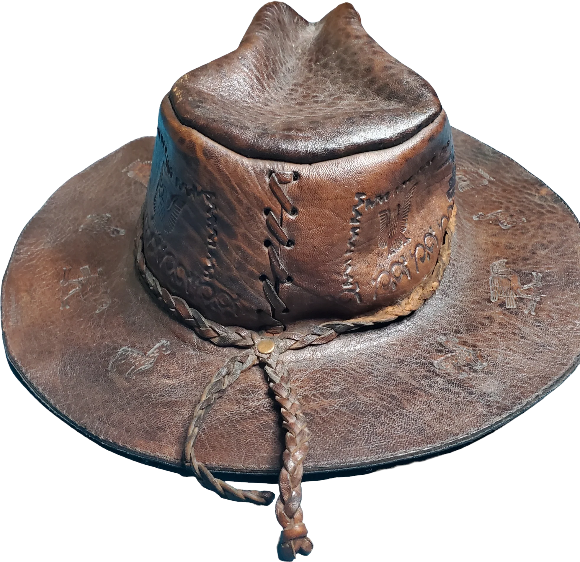 80s Brown Peruvian Leather Explorer Western Cowboy Hat - Image 2