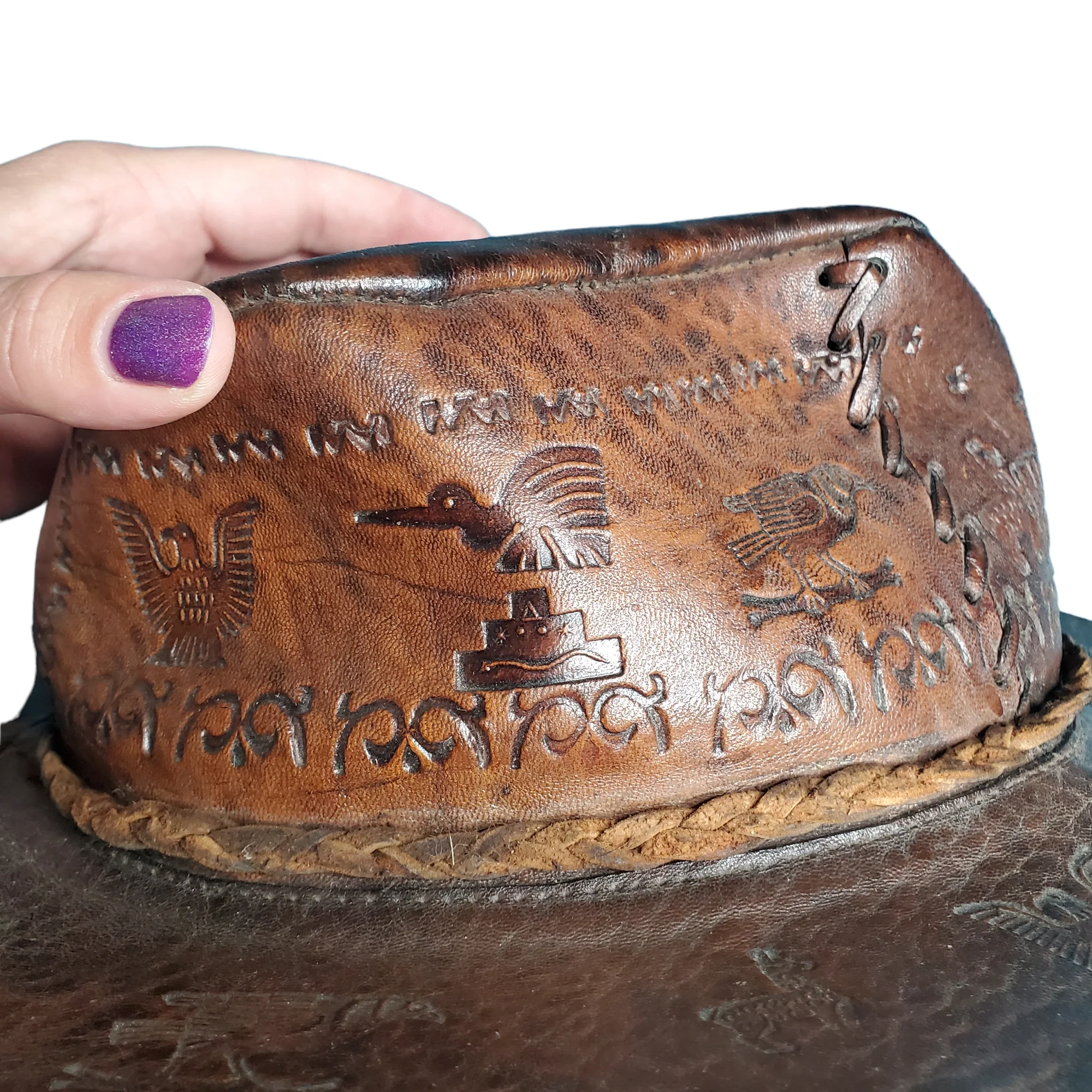 80s Brown Peruvian Leather Explorer Western Cowboy Hat - Image 4
