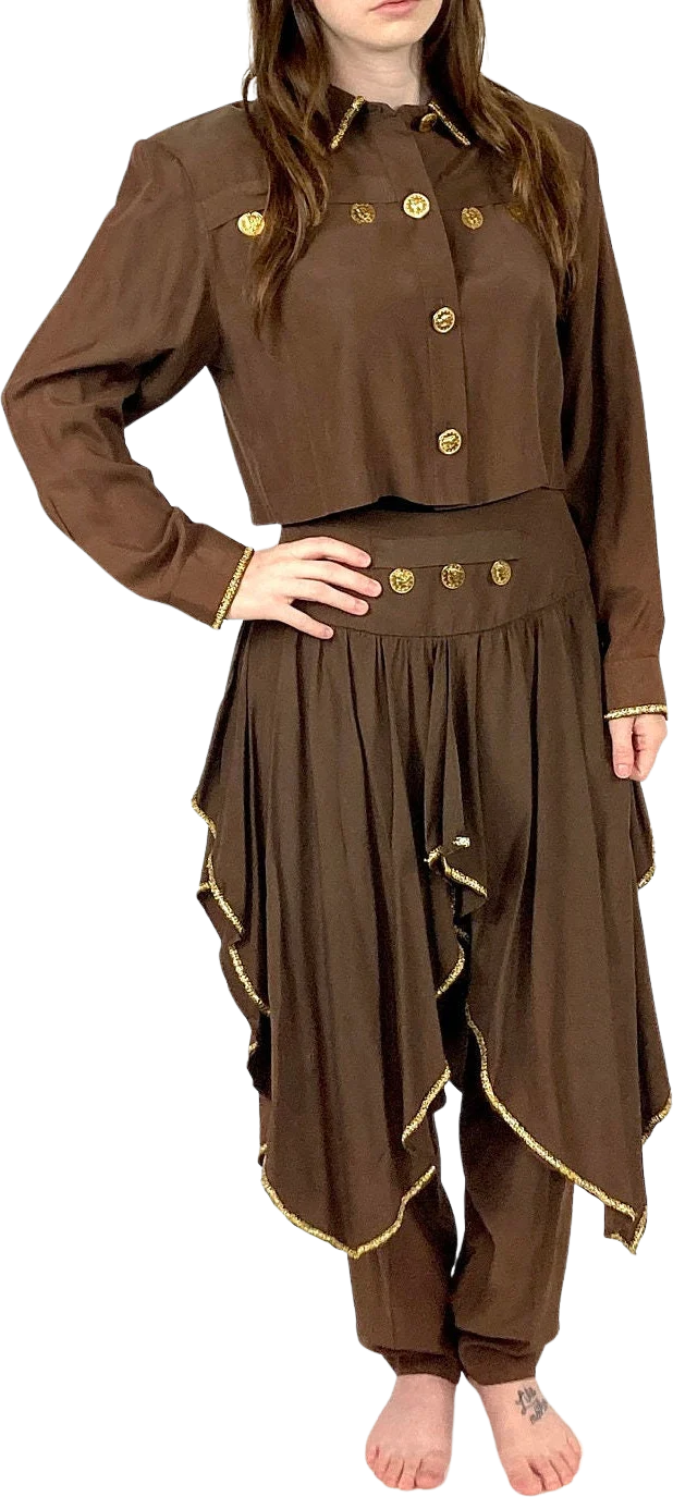 80s Brown Pleated Harem Trouser Gold Coin Two Piece Set Cropped Bolero Pantsuit Grecian Goddess Jumpsuit Genie Party Dress Vintage Jumpsuit by Alyn Paige