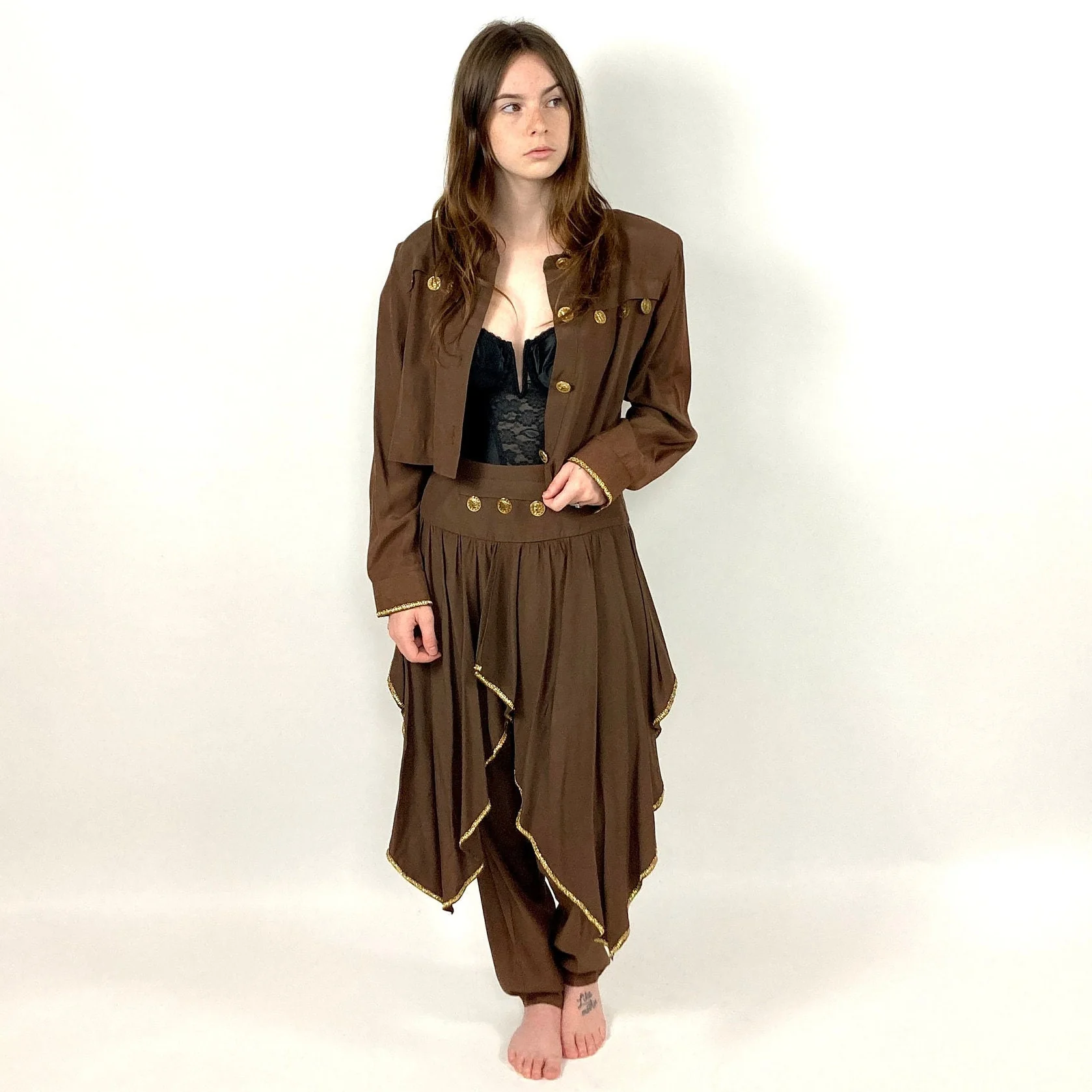 80s Brown Pleated Harem Trouser Gold Coin Two Piece Set Cropped Bolero Pantsuit Grecian Goddess Jumpsuit Genie Party Dress Vintage Jumpsuit by Alyn Paige - Image 3