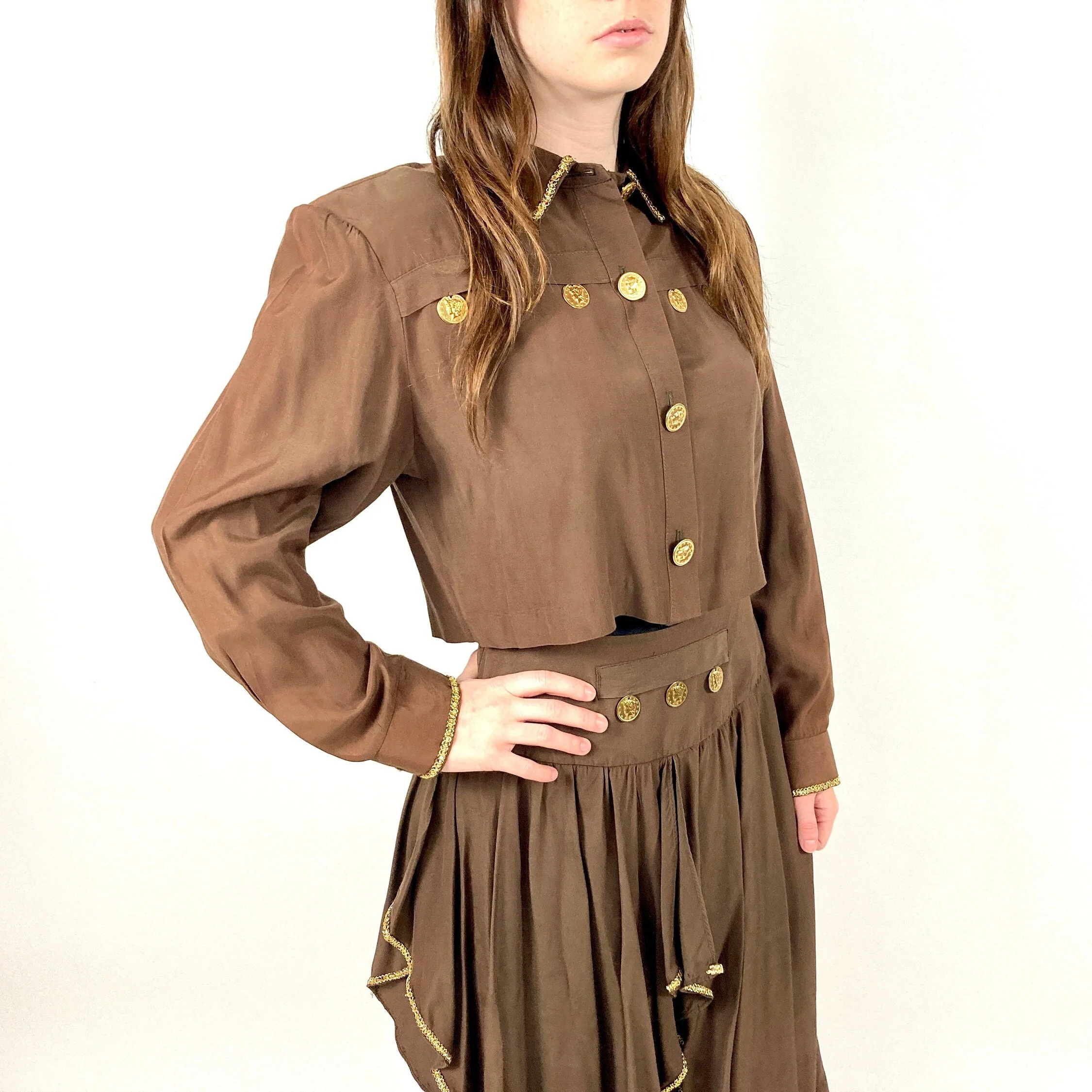 80s Brown Pleated Harem Trouser Gold Coin Two Piece Set Cropped Bolero Pantsuit Grecian Goddess Jumpsuit Genie Party Dress Vintage Jumpsuit by Alyn Paige - Image 4