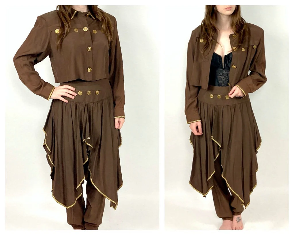 80s Brown Pleated Harem Trouser Gold Coin Two Piece Set Cropped Bolero Pantsuit Grecian Goddess Jumpsuit Genie Party Dress Vintage Jumpsuit by Alyn Paige - Image 5
