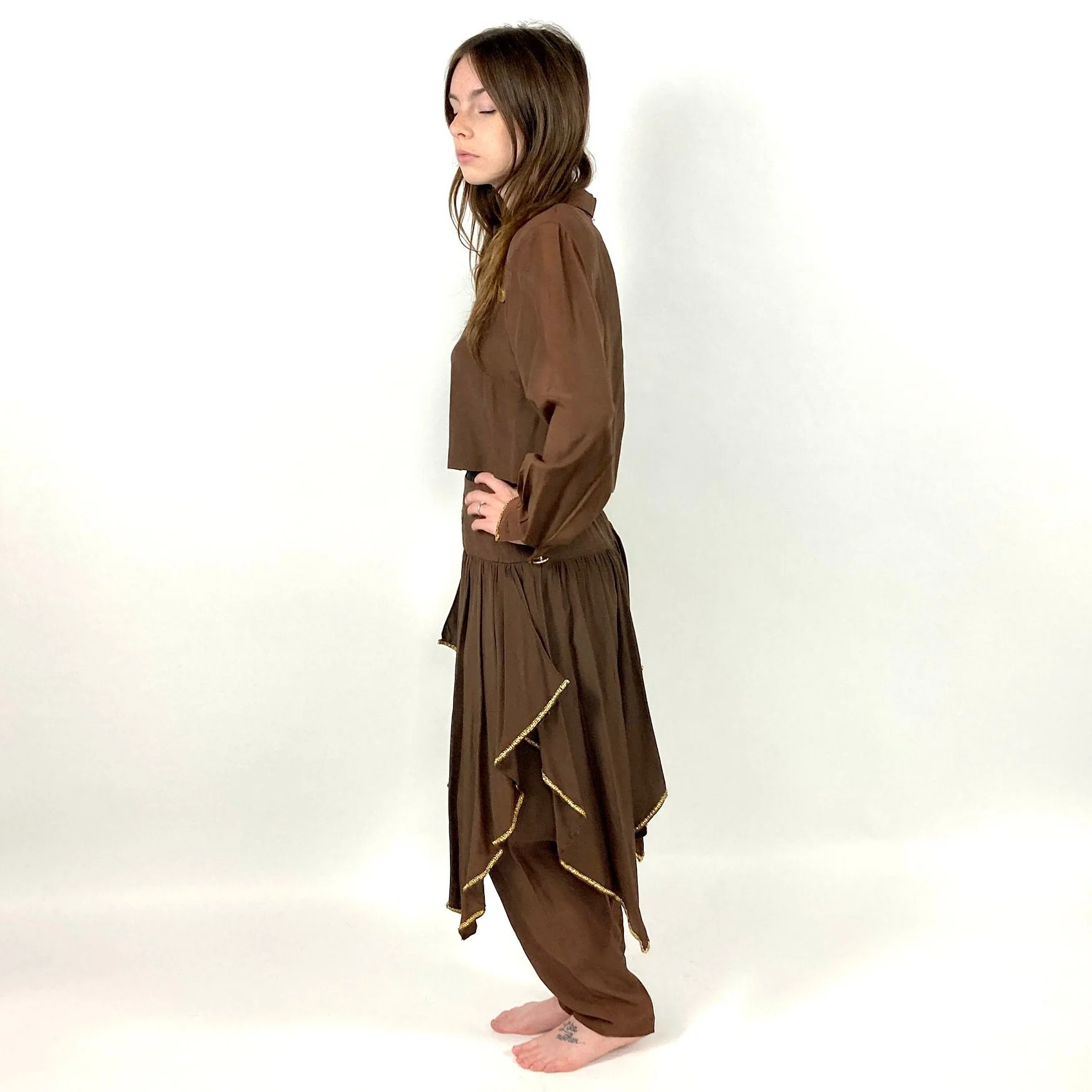 80s Brown Pleated Harem Trouser Gold Coin Two Piece Set Cropped Bolero Pantsuit Grecian Goddess Jumpsuit Genie Party Dress Vintage Jumpsuit by Alyn Paige - Image 7