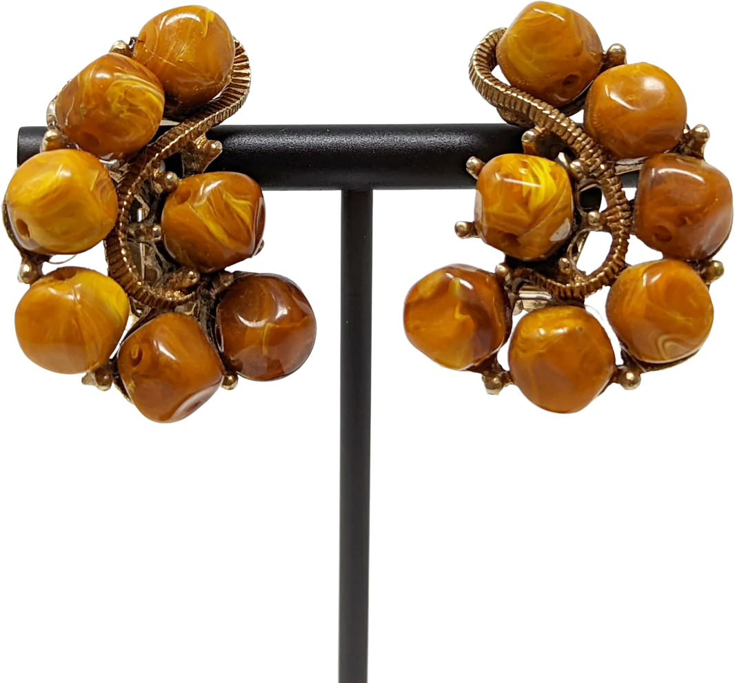 80s Brown Resin Cluster Beads Clip On Earrings