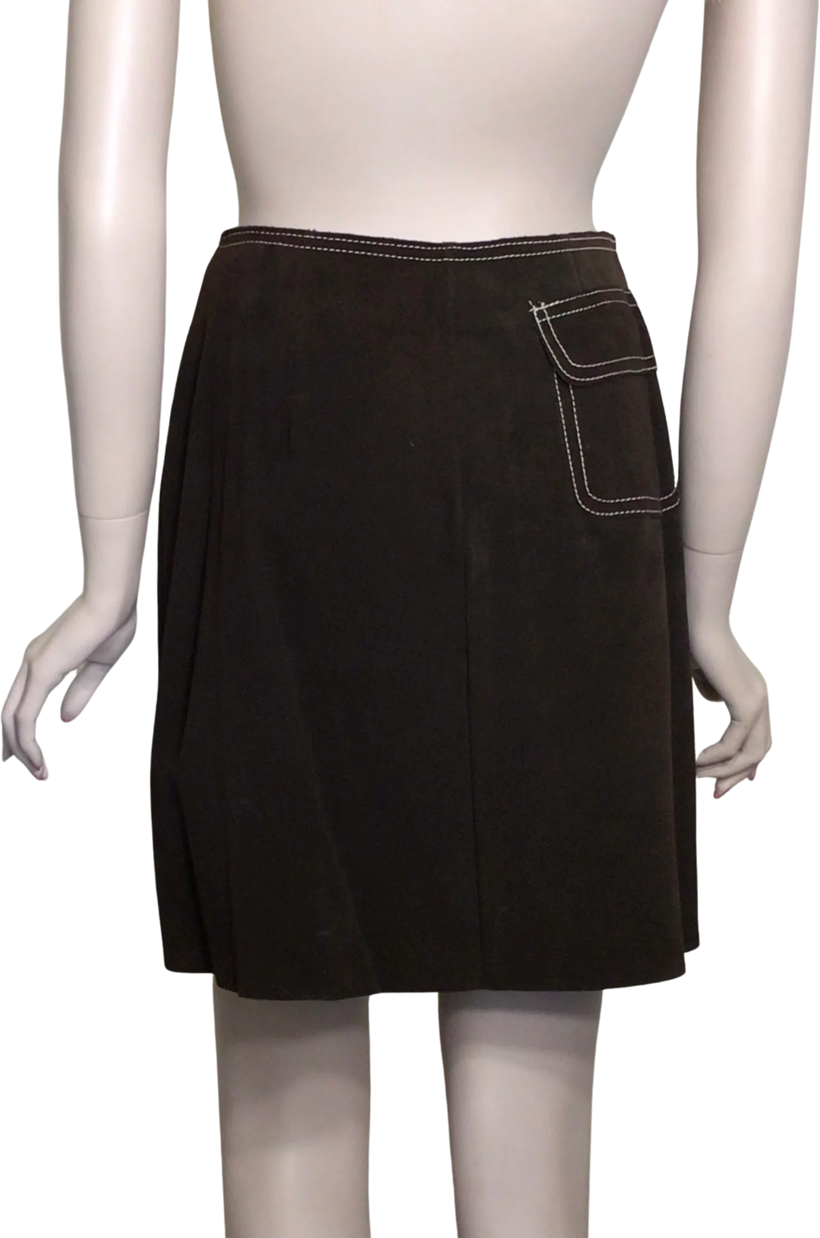 80s Brown Suede Leather Mini Skirt White Stitch Accent - Image 2