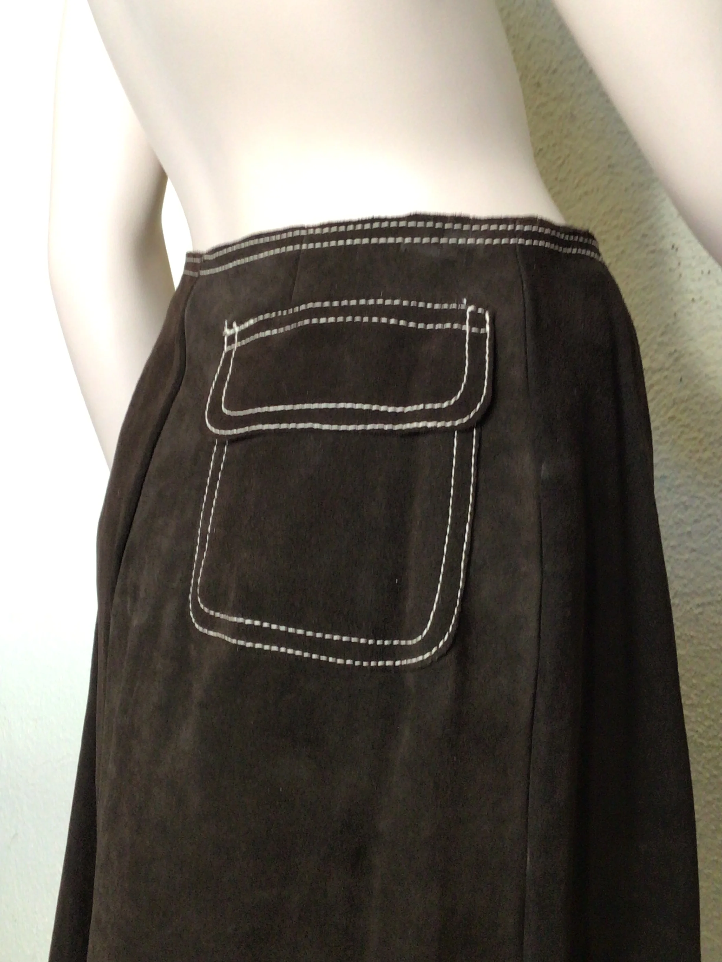 80s Brown Suede Leather Mini Skirt White Stitch Accent - Image 3