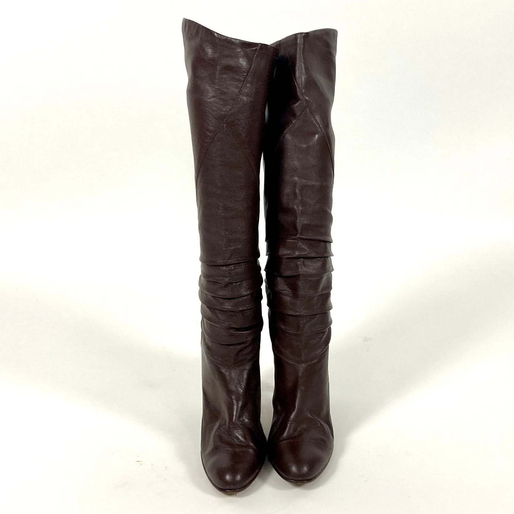 80s Brown Tall Leather High Heel Boots Ruched Slouch Boots Fold Over Cuff Knee Vintage Pirate - Image 2