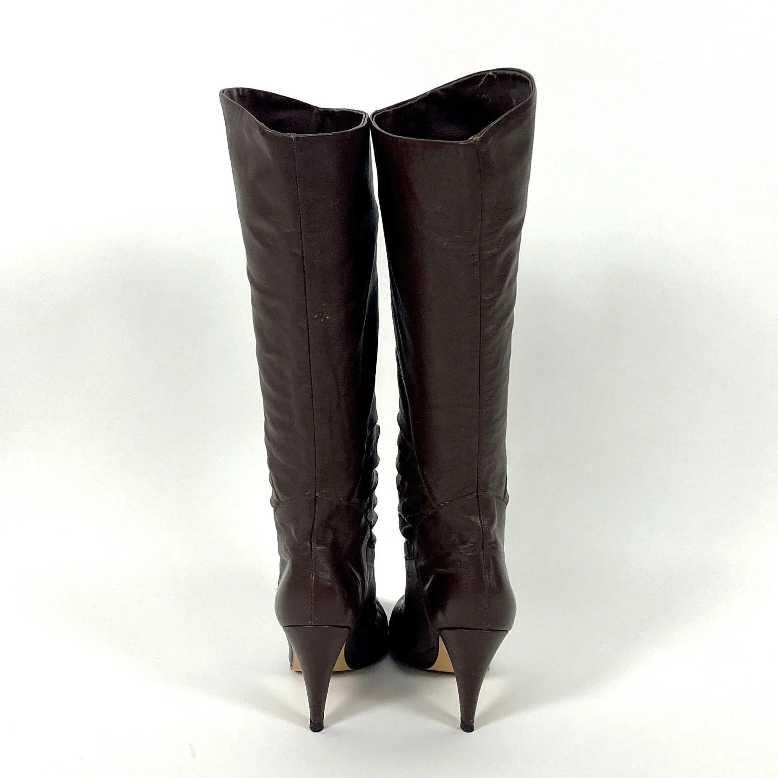80s Brown Tall Leather High Heel Boots Ruched Slouch Boots Fold Over Cuff Knee Vintage Pirate - Image 3