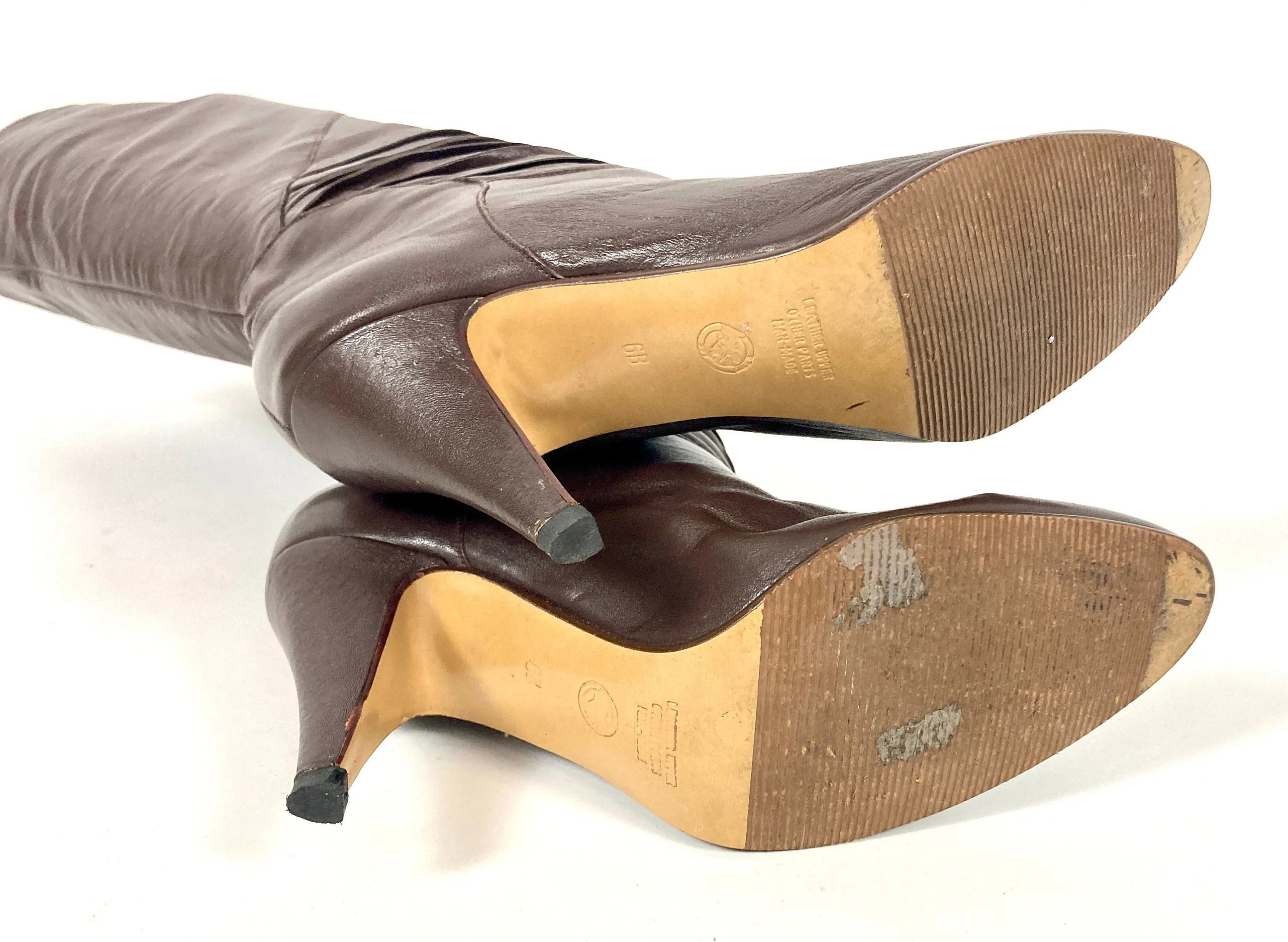 80s Brown Tall Leather High Heel Boots Ruched Slouch Boots Fold Over Cuff Knee Vintage Pirate - Image 4
