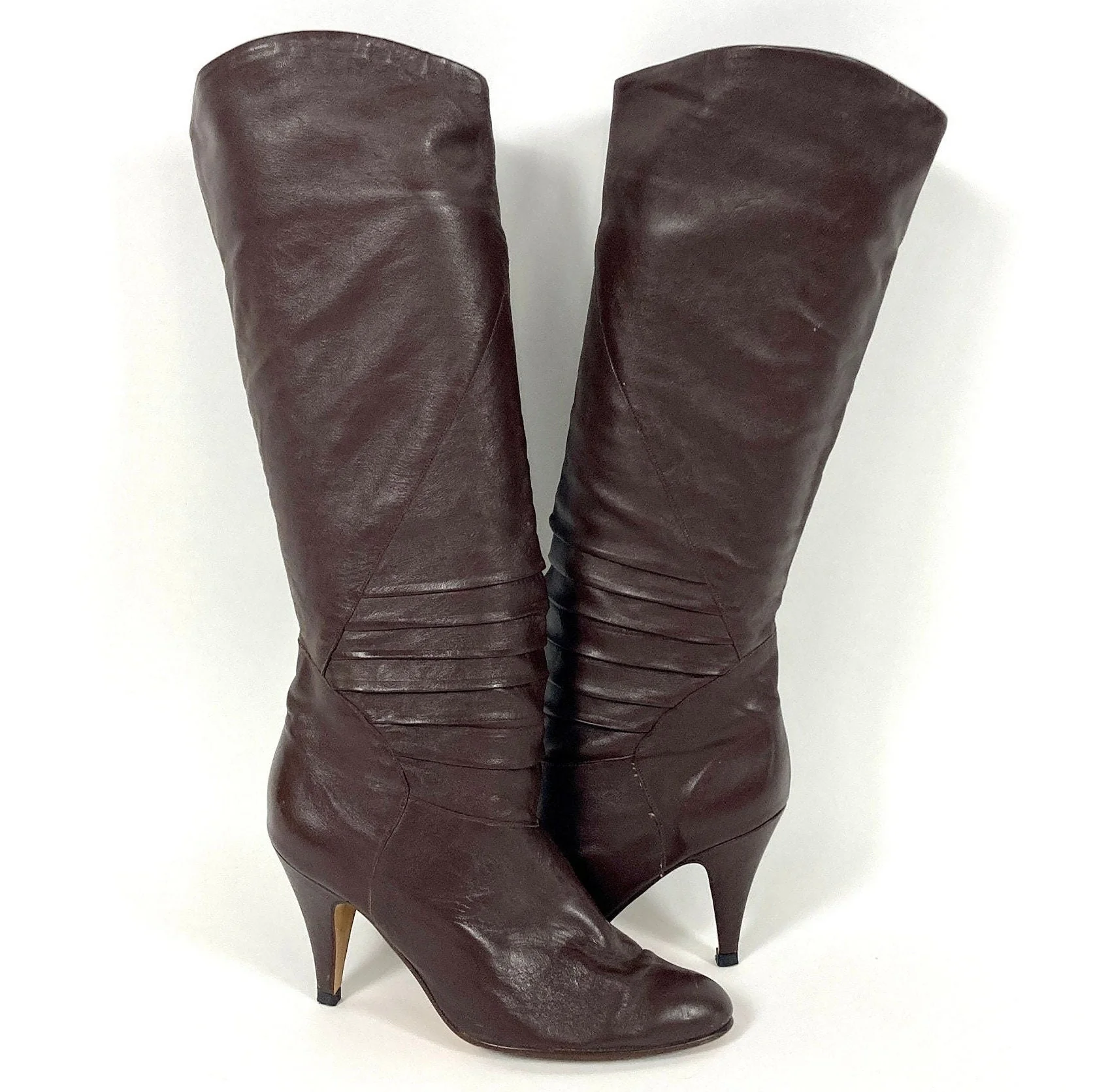 80s Brown Tall Leather High Heel Boots Ruched Slouch Boots Fold Over Cuff Knee Vintage Pirate - Image 5