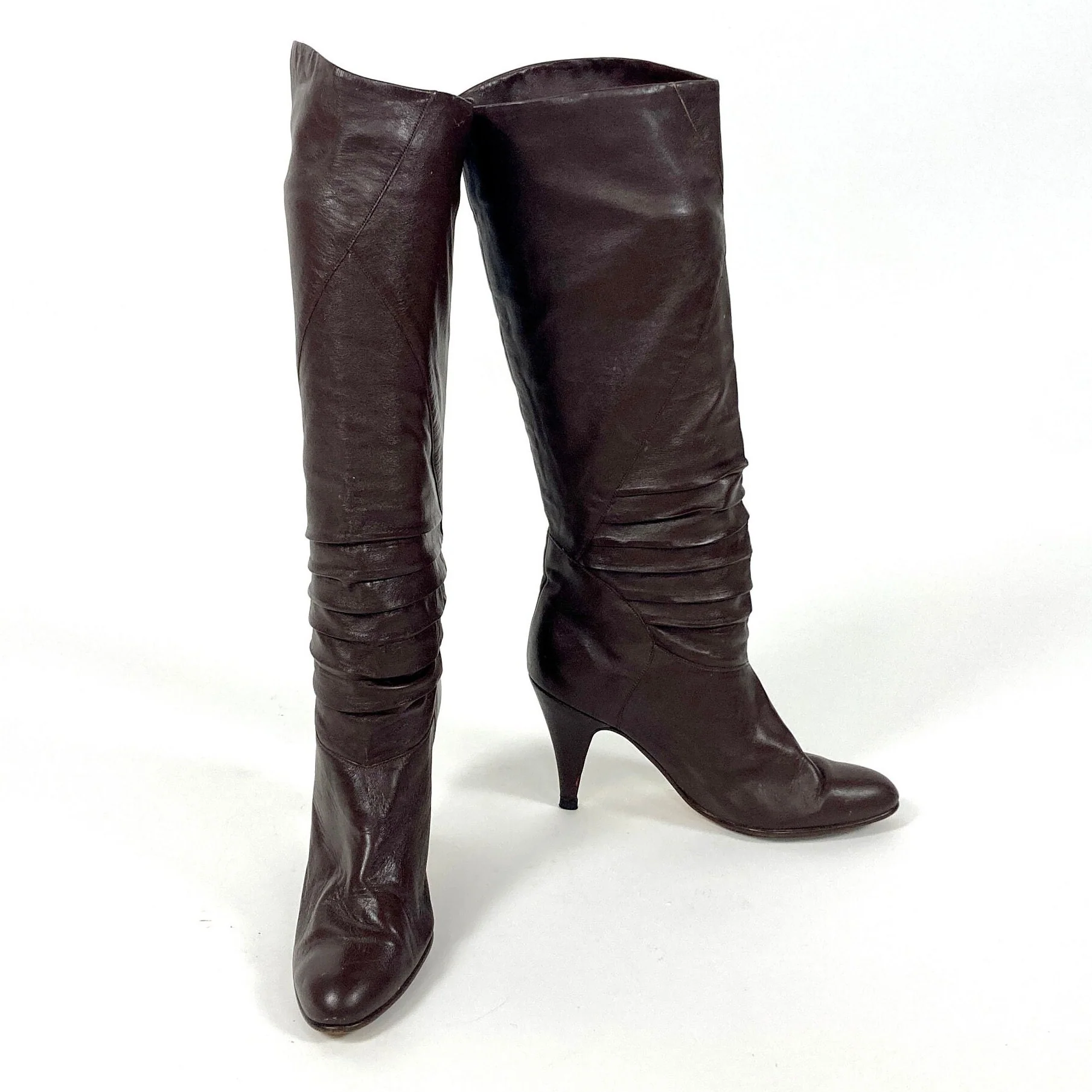 80s Brown Tall Leather High Heel Boots Ruched Slouch Boots Fold Over Cuff Knee Vintage Pirate - Image 6