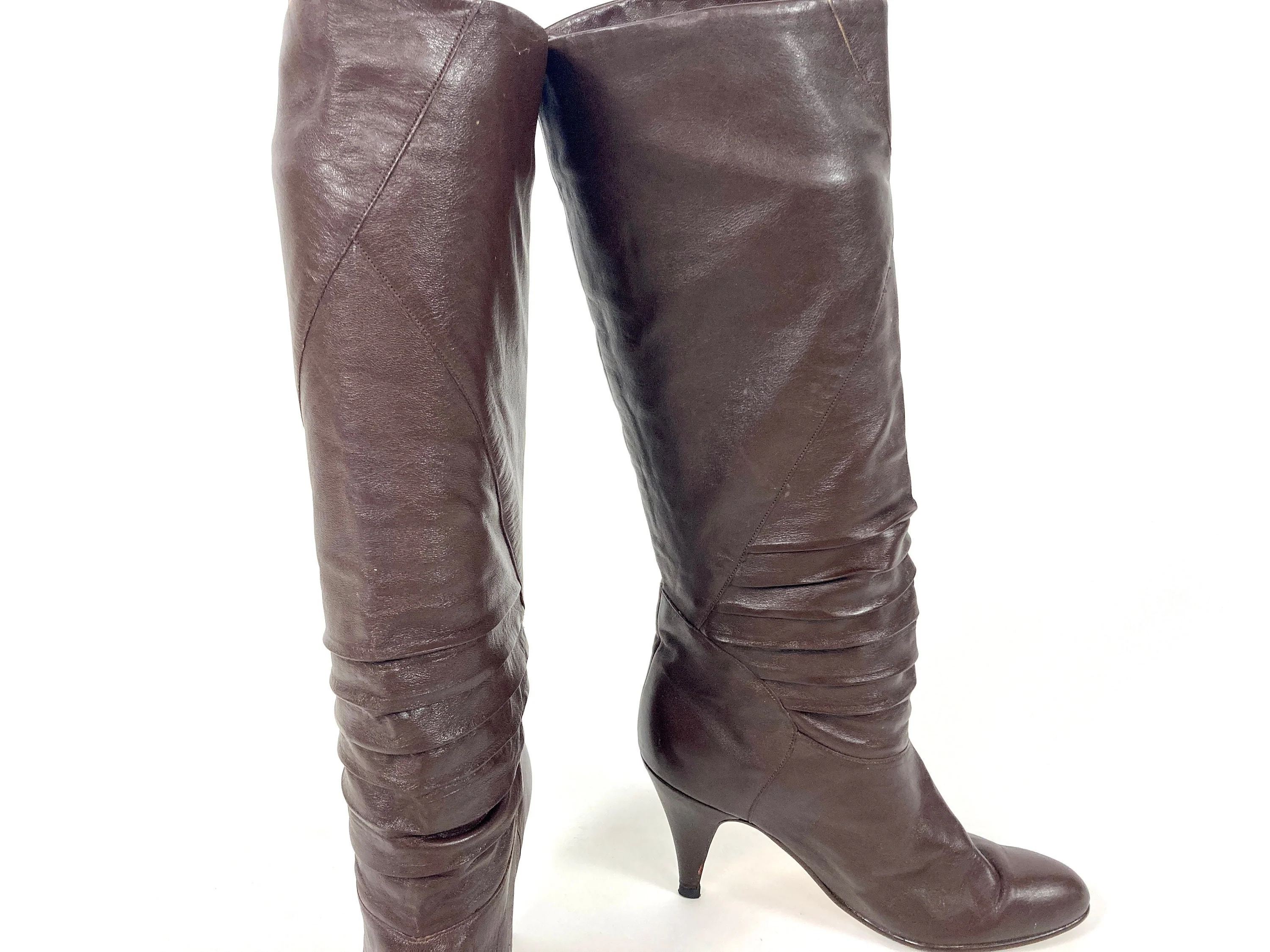 80s Brown Tall Leather High Heel Boots Ruched Slouch Boots Fold Over Cuff Knee Vintage Pirate - Image 7