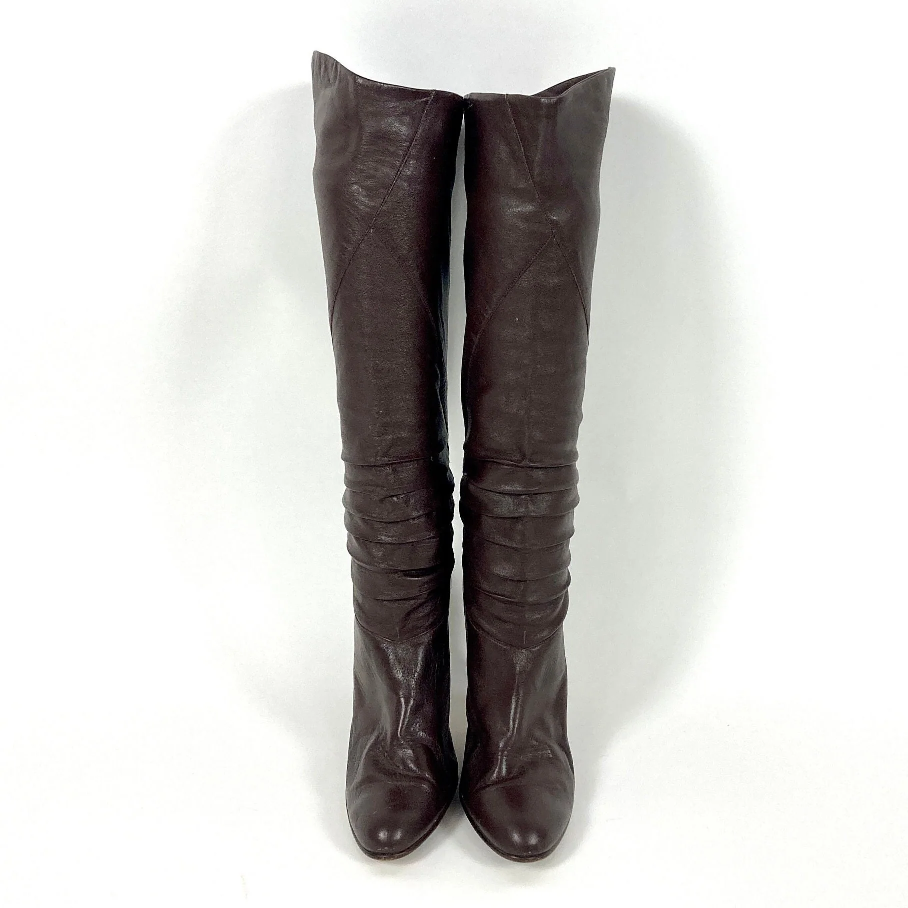 80s Brown Tall Leather High Heel Boots Ruched Slouch Boots Fold Over Cuff Knee Vintage Pirate - Image 8