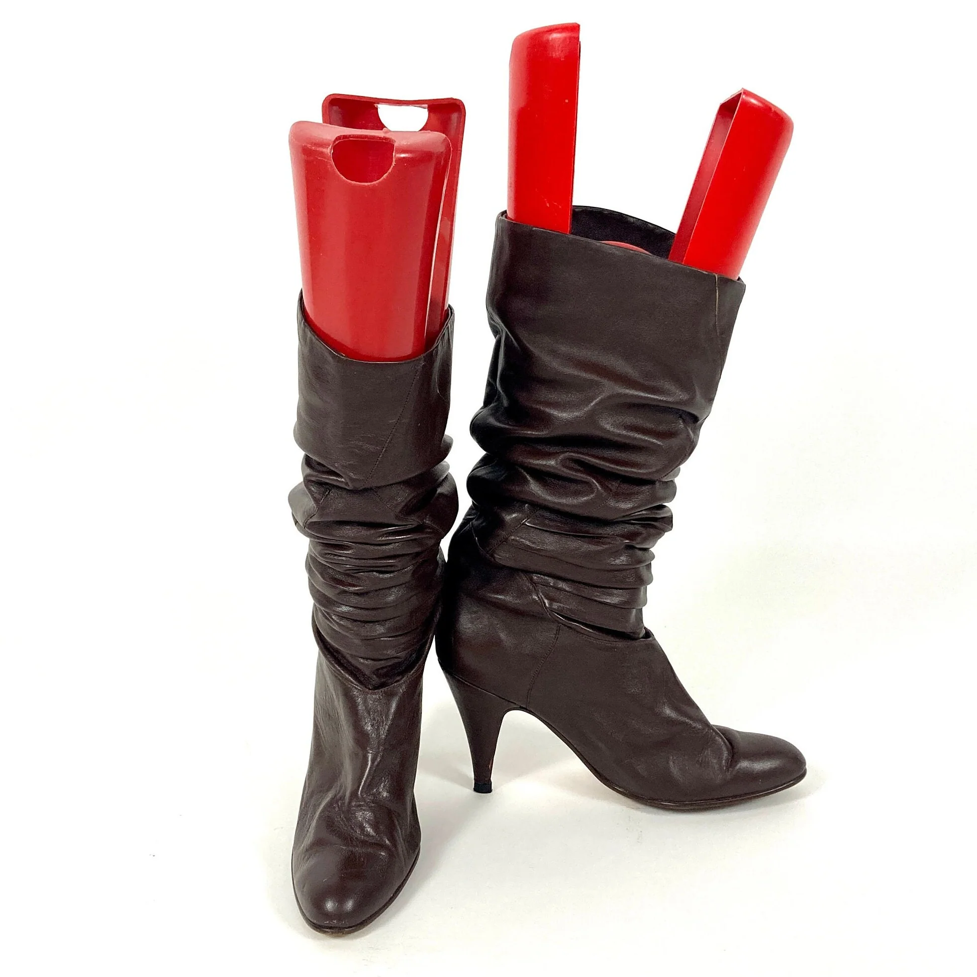 80s Brown Tall Leather High Heel Boots Ruched Slouch Boots Fold Over Cuff Knee Vintage Pirate - Image 9
