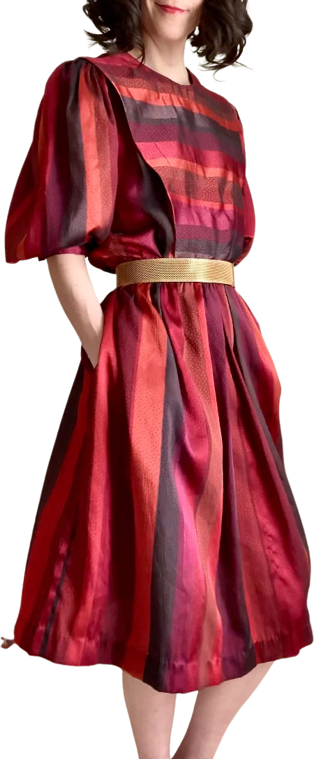 80s 80s Burgundy Puff Sleeve Stripe Dress By Donna Morgan