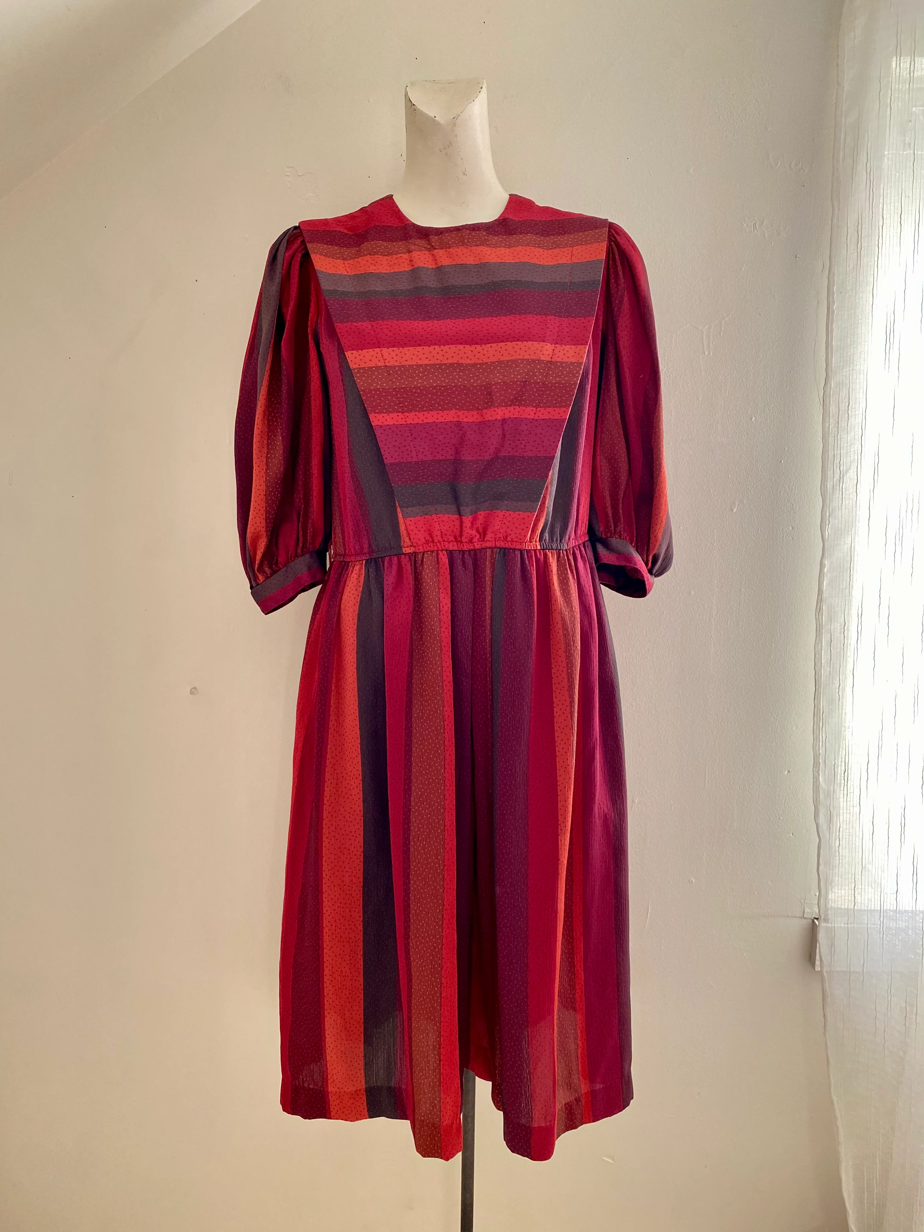 80s 80s Burgundy Puff Sleeve Stripe Dress By Donna Morgan - Image 4