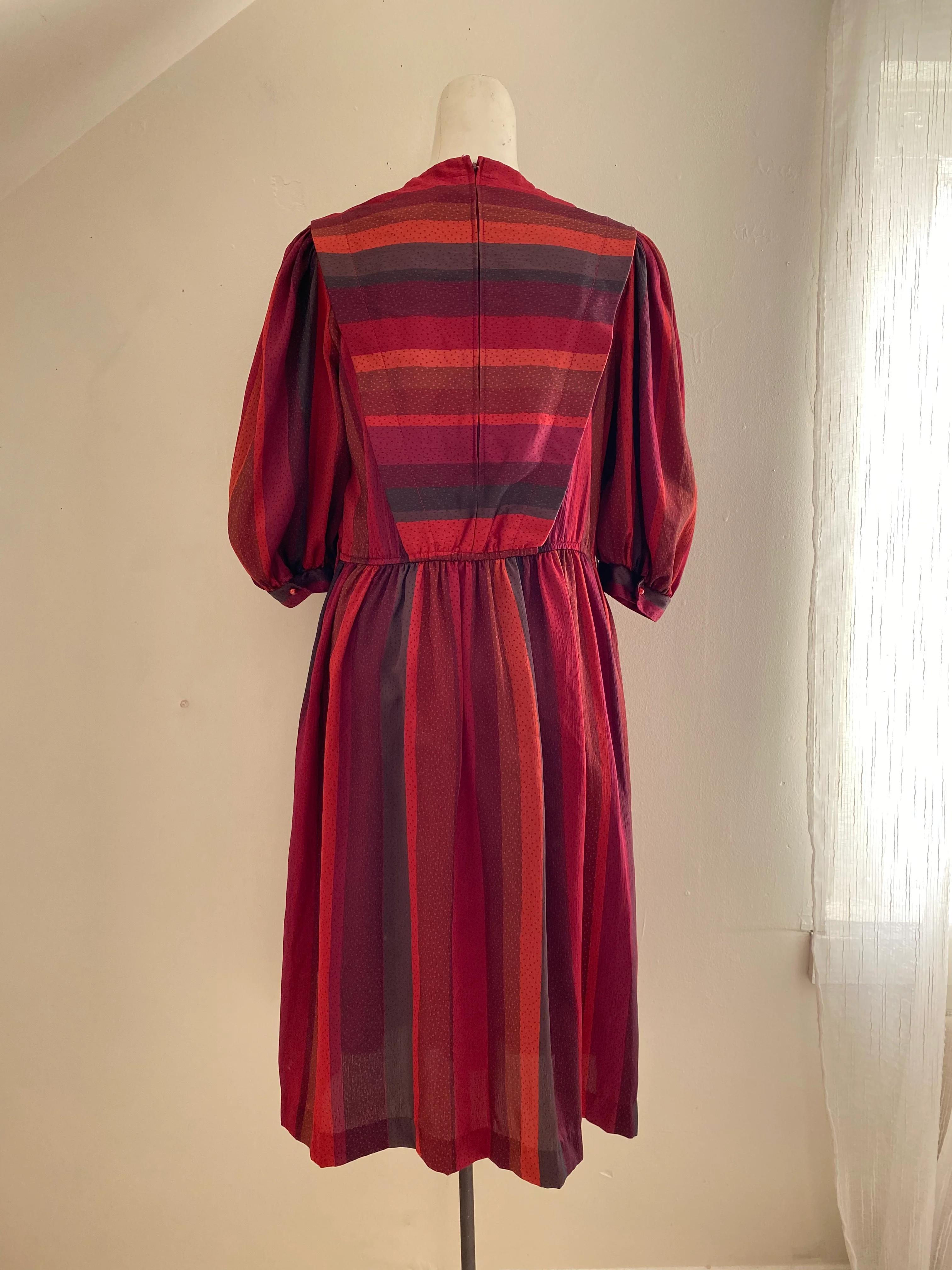 80s 80s Burgundy Puff Sleeve Stripe Dress By Donna Morgan - Image 5