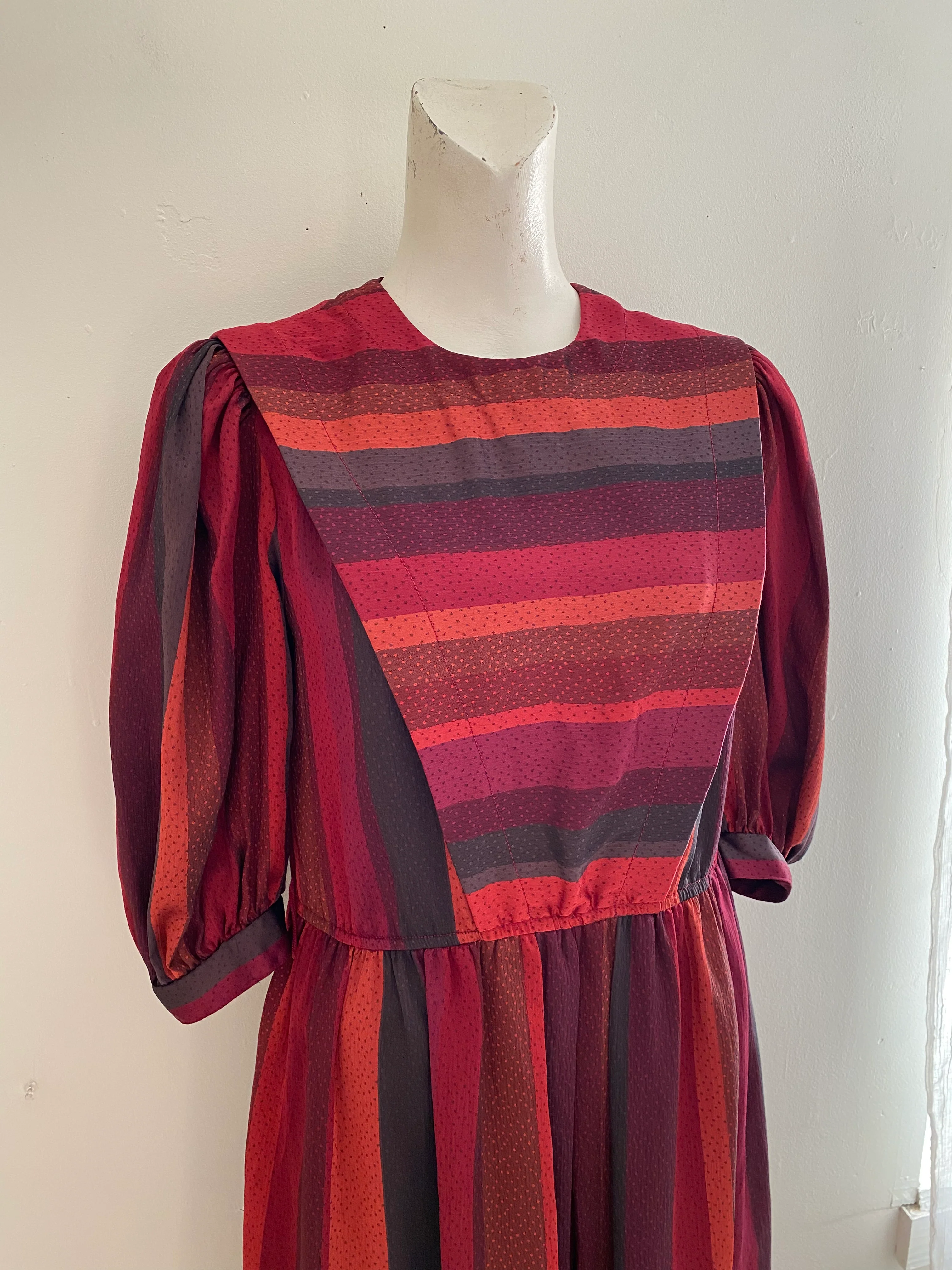 80s 80s Burgundy Puff Sleeve Stripe Dress By Donna Morgan - Image 6
