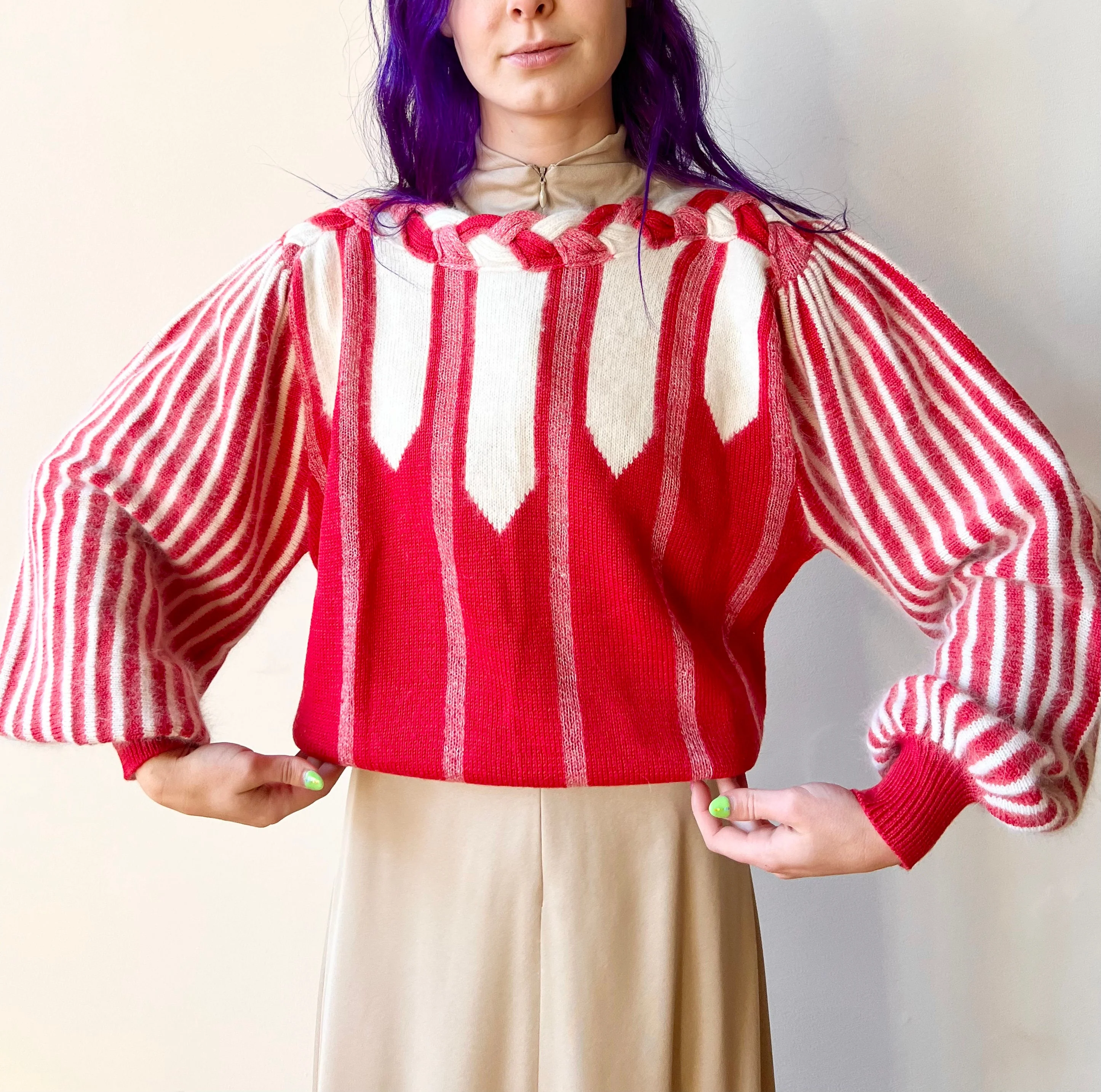 80s Candy Cane Red White Striped Balloon Sleeve Angora Wool Acrylic Sweater by  Candy Cane - Image 2