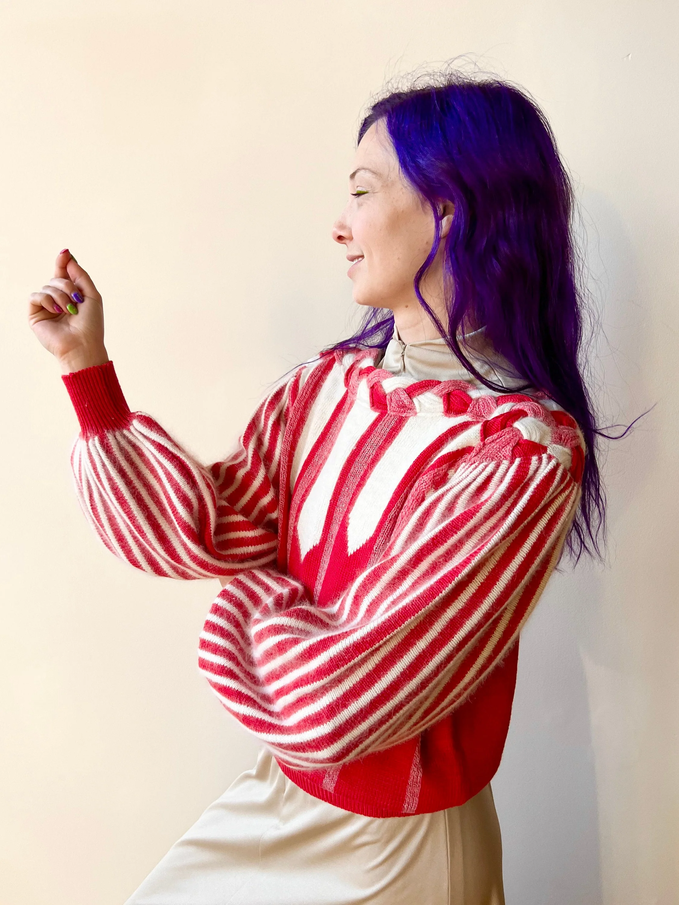 80s Candy Cane Red White Striped Balloon Sleeve Angora Wool Acrylic Sweater by  Candy Cane - Image 4