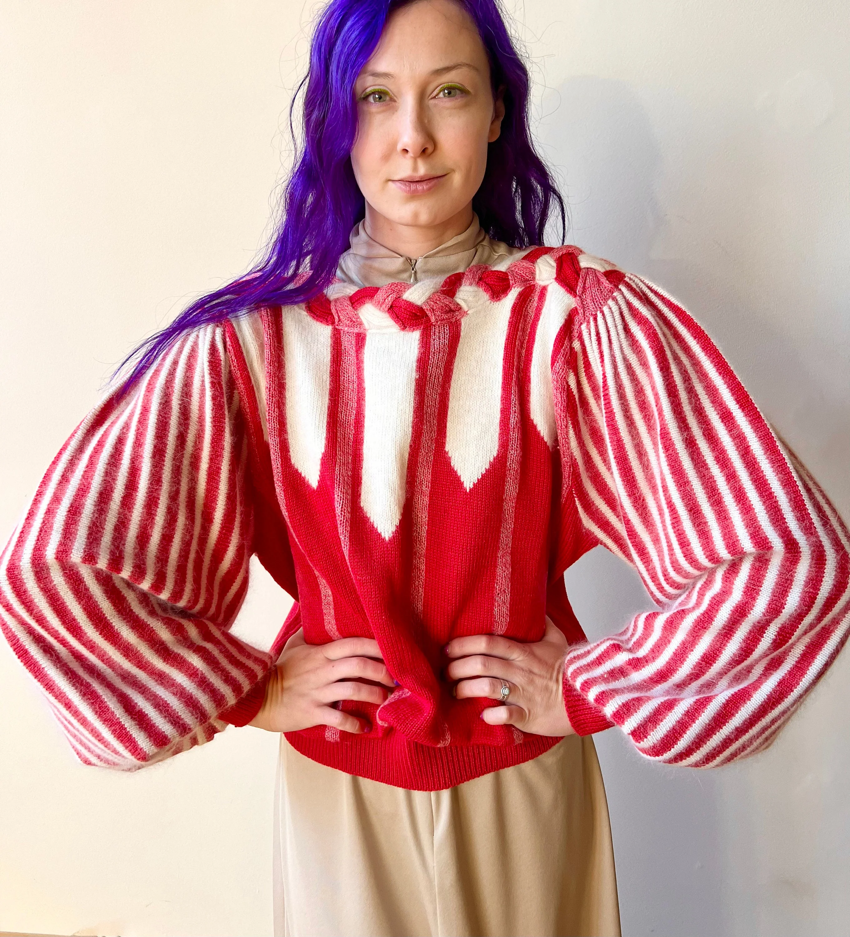 80s Candy Cane Red White Striped Balloon Sleeve Angora Wool Acrylic Sweater by  Candy Cane - Image 6