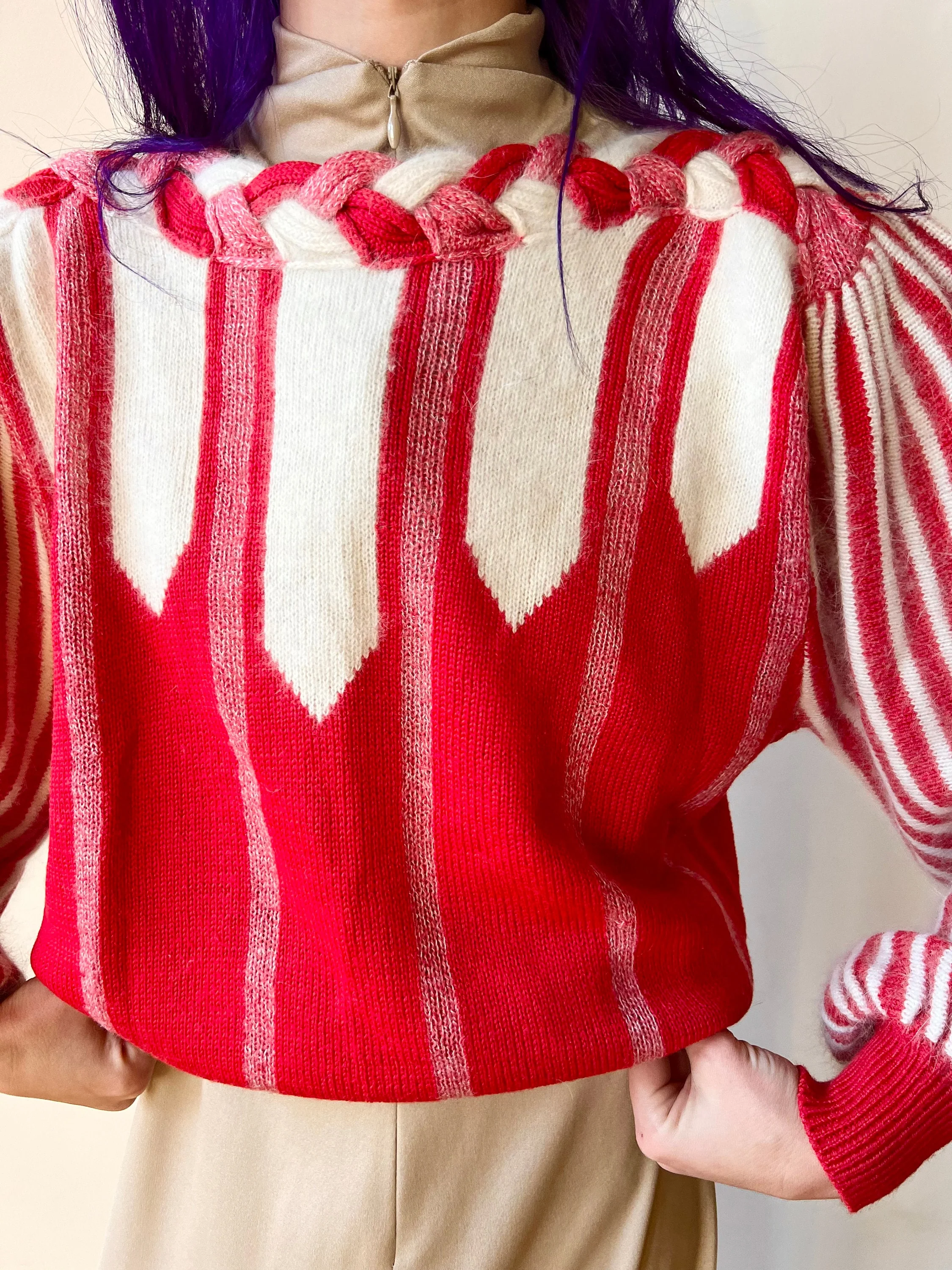 80s Candy Cane Red White Striped Balloon Sleeve Angora Wool Acrylic Sweater by  Candy Cane - Image 7