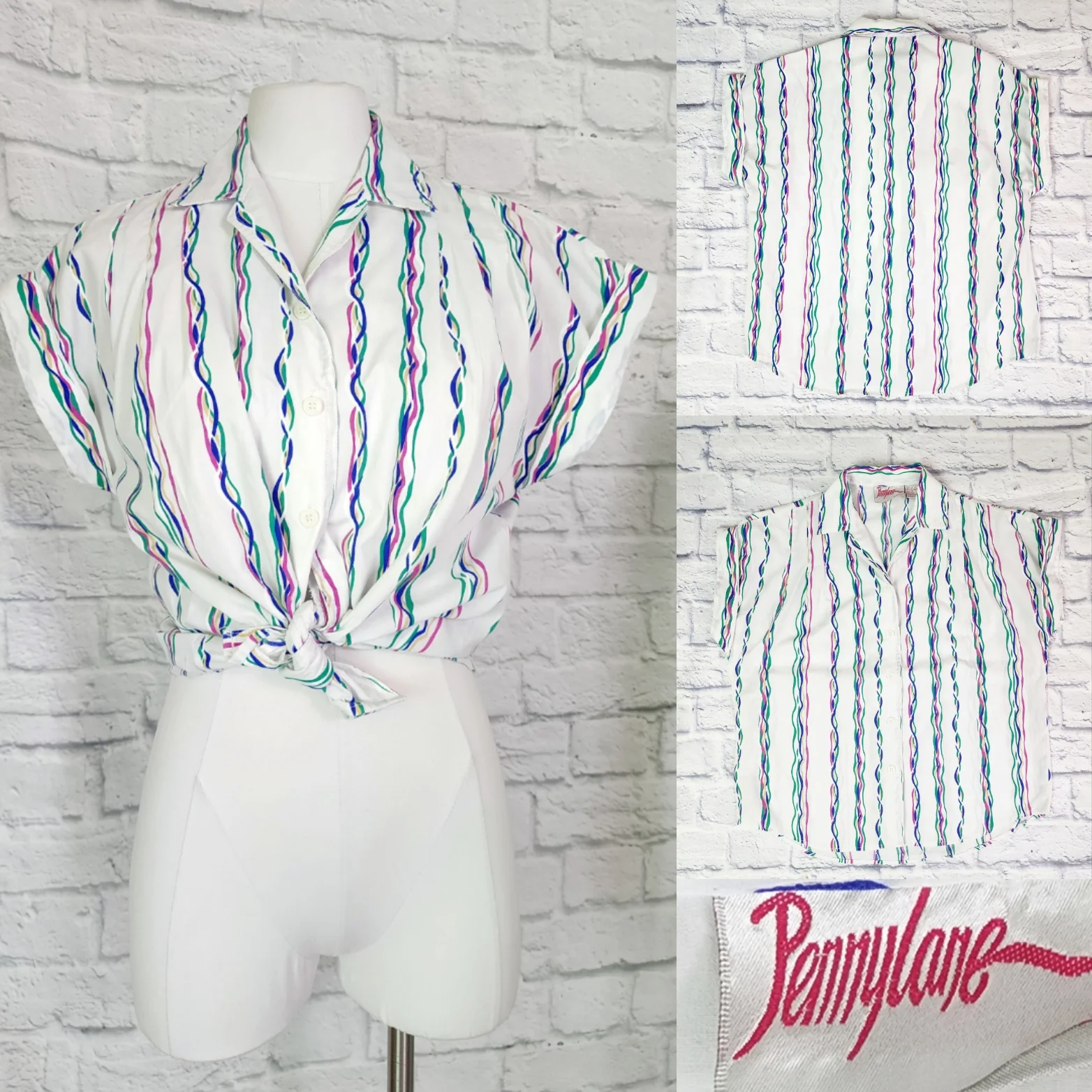 80s Cap Sleeve Cotton Button Up Camp Shirt Stripe By Penny Lane - Image 3