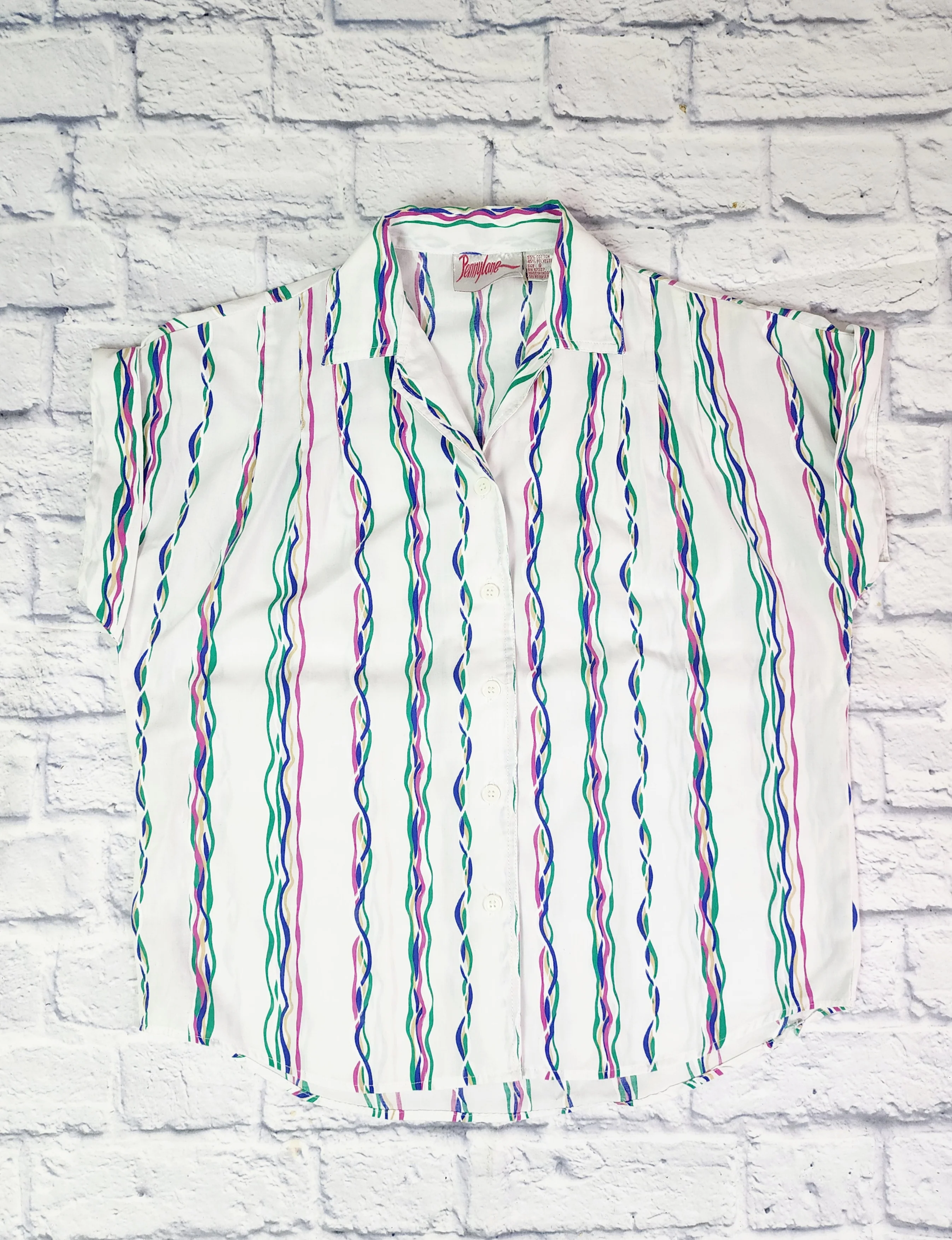 80s Cap Sleeve Cotton Button Up Camp Shirt Stripe By Penny Lane - Image 4