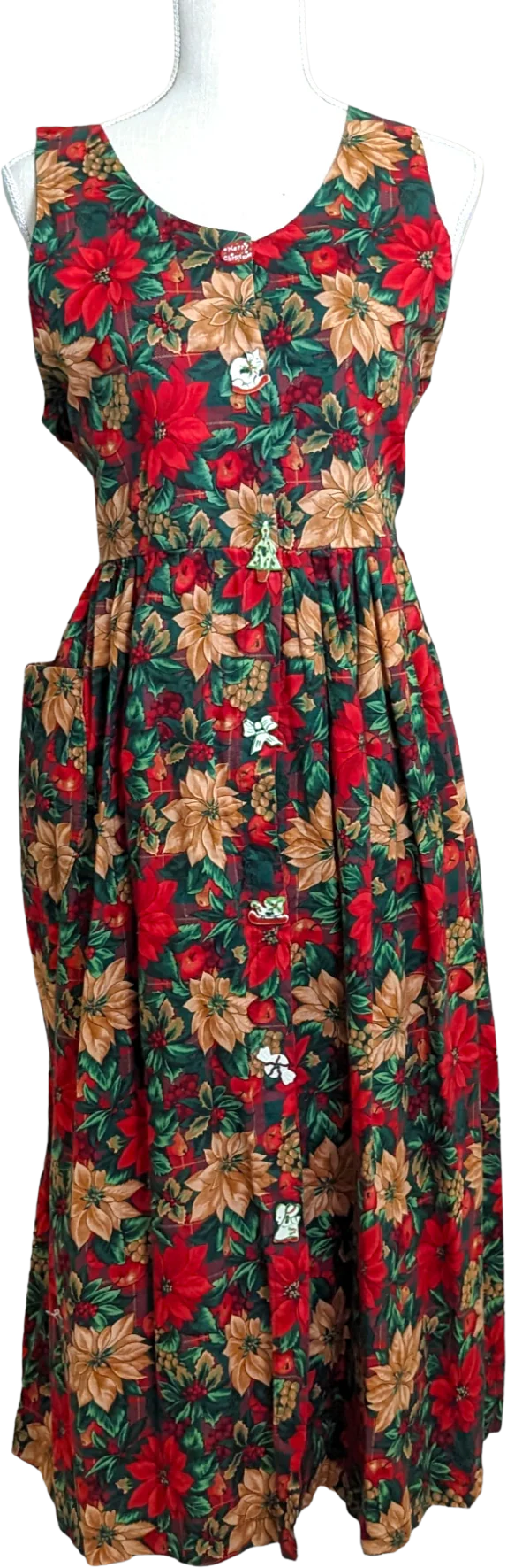 80s Christmas Pleated Dress with Hand Painted Ceramic Buttons Poinsettias, Fruit and Seasonal Foliage by Carolart Designs