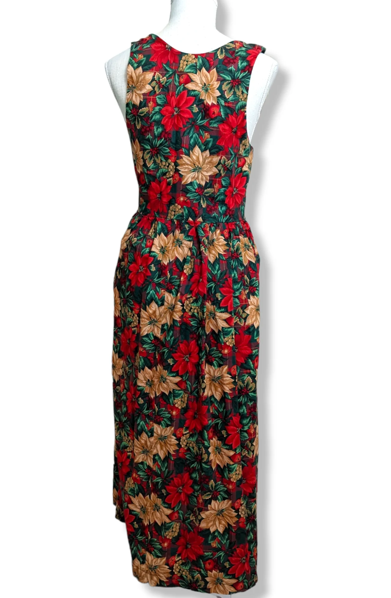 80s Christmas Pleated Dress with Hand Painted Ceramic Buttons Poinsettias, Fruit and Seasonal Foliage by Carolart Designs - Image 2