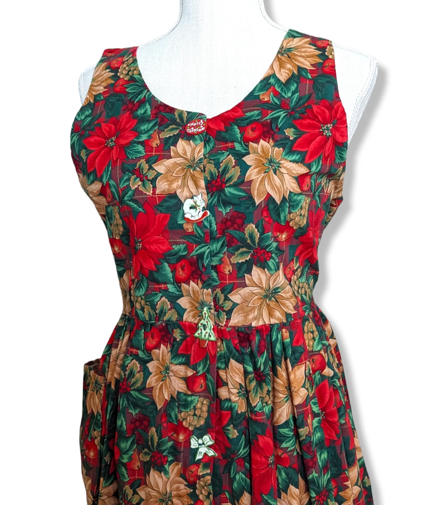 80s Christmas Pleated Dress with Hand Painted Ceramic Buttons Poinsettias, Fruit and Seasonal Foliage by Carolart Designs - Image 3