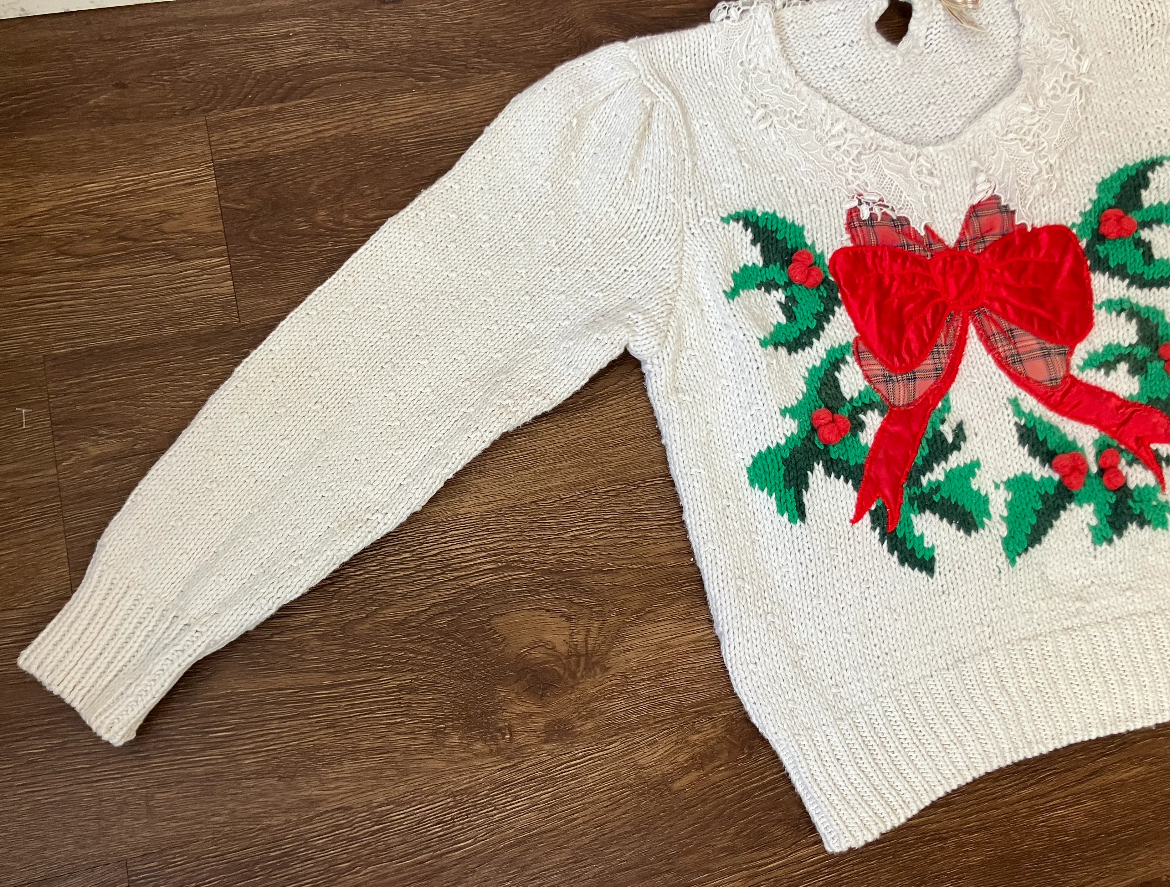 80s Christmas Sweater With Red Bow And Lace Collar By Bechamel - Image 3