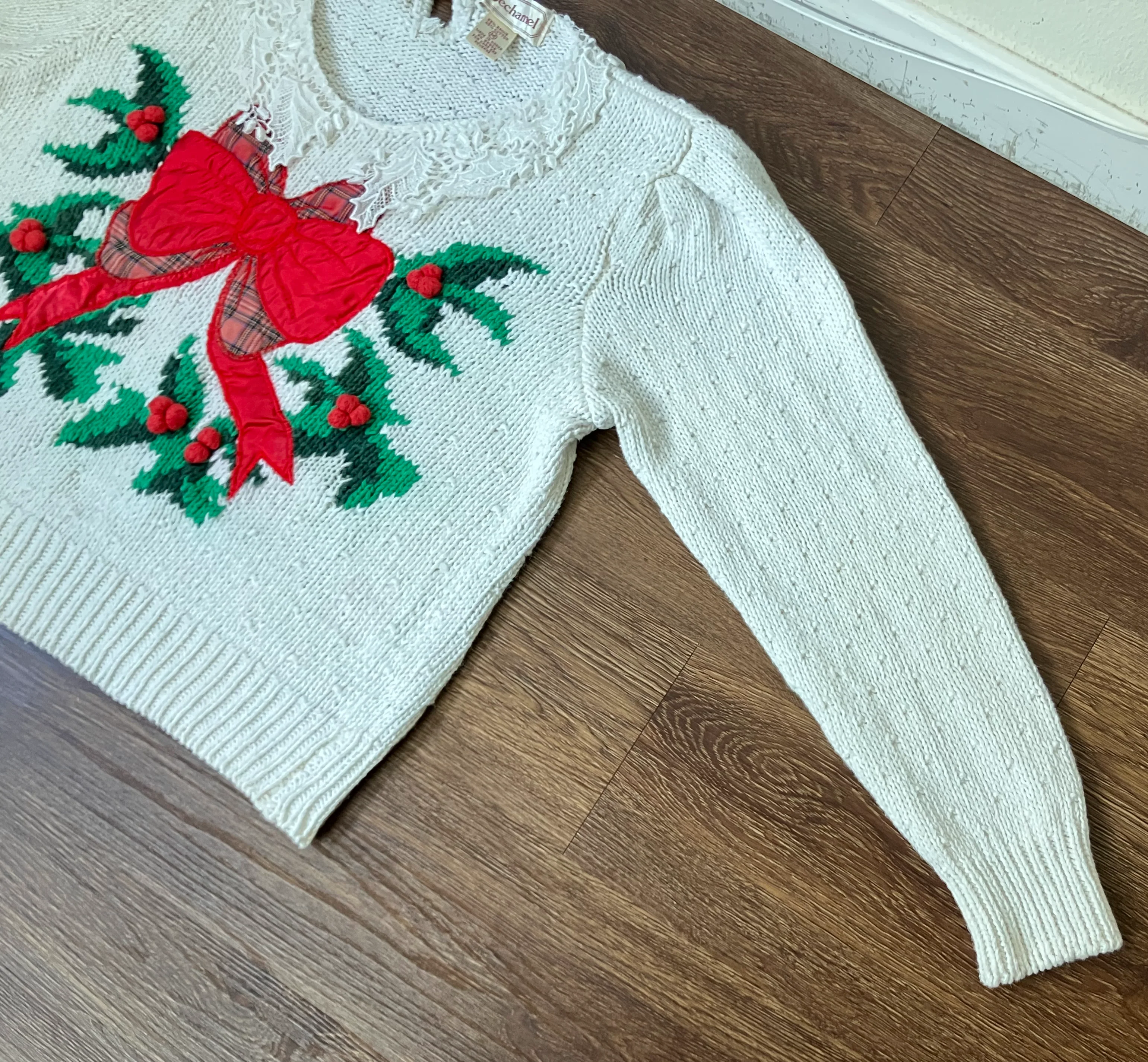 80s Christmas Sweater With Red Bow And Lace Collar By Bechamel - Image 4