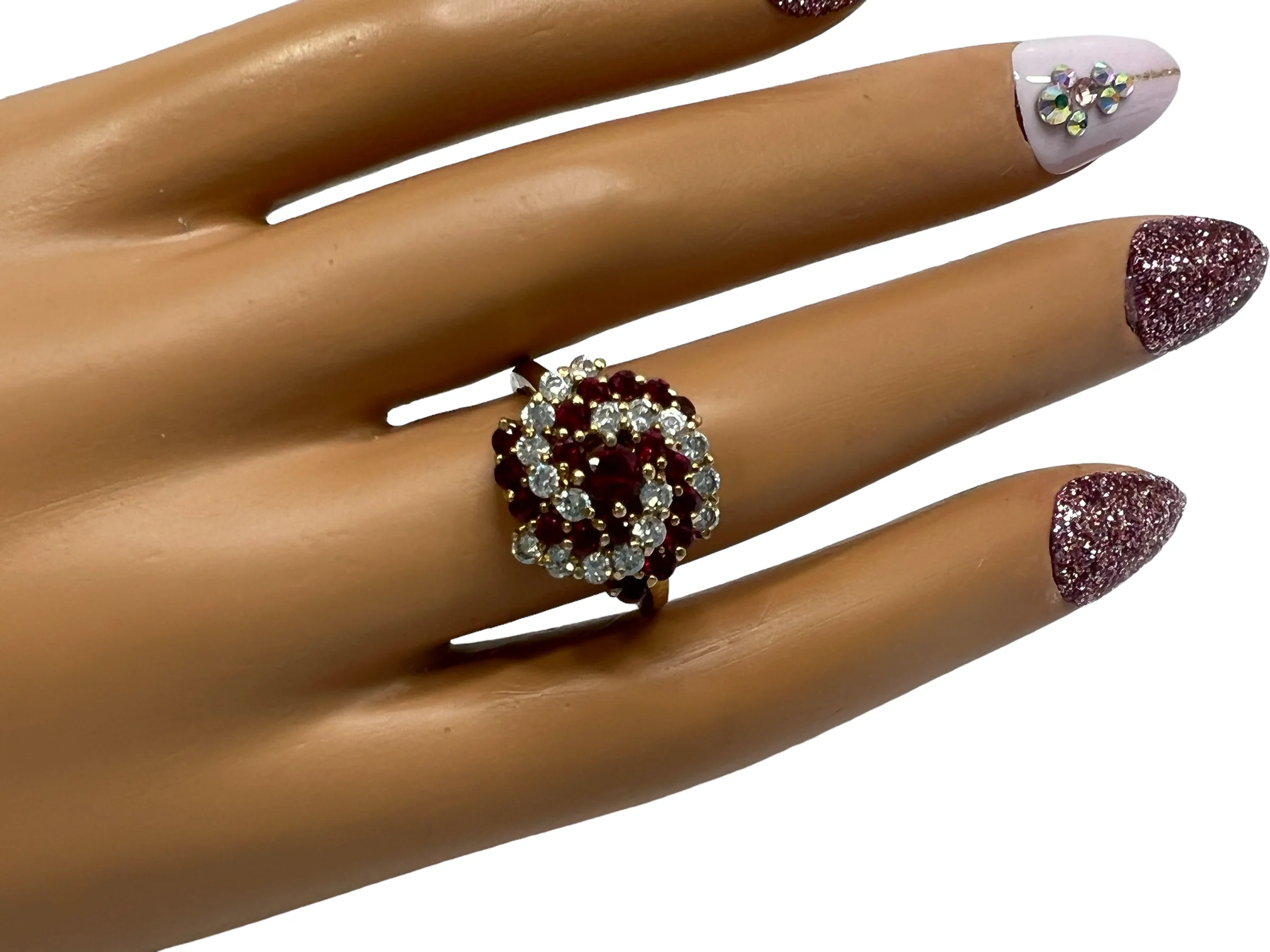 80s Cluster Ring Gold Vermeil Lab Rubies Clear Czs 9 By Ross Simons - Image 5