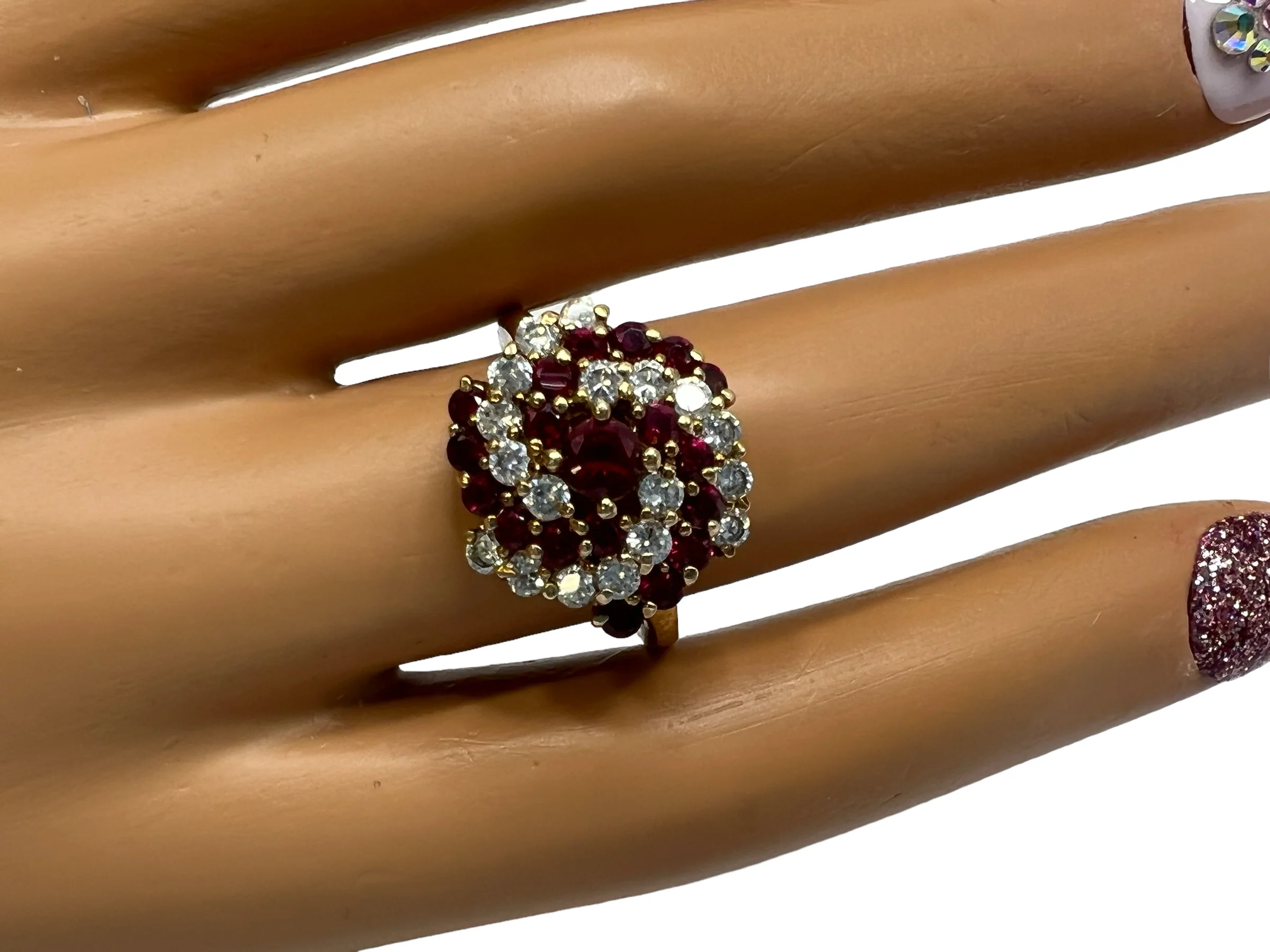 80s Cluster Ring Gold Vermeil Lab Rubies Clear Czs 9 By Ross Simons - Image 6