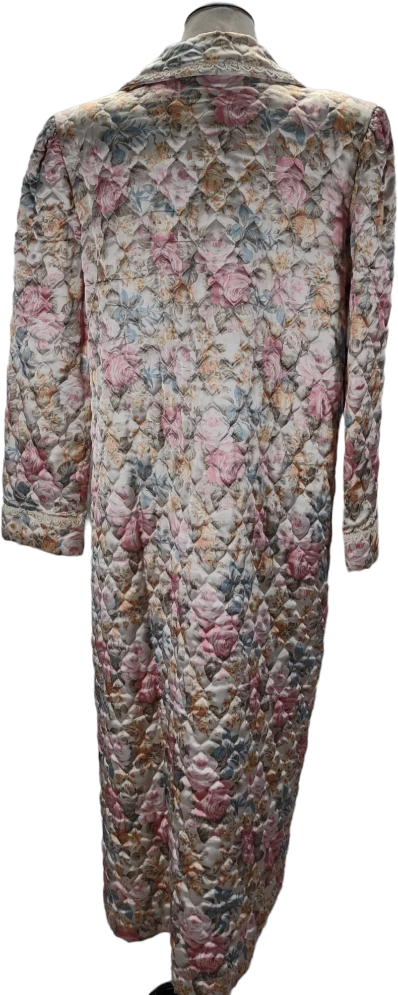 80s Collared Quilted Floral Rose Print House Coat Robe By Miss Elaine At Home - Image 2